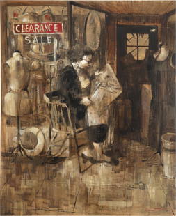 Raymond Howell (1927-2002, San Francisco, CA): "Second Hand Shop" Oil on masonite Signed lower right: Raymond Howell, titled verso 30" H x 24" W