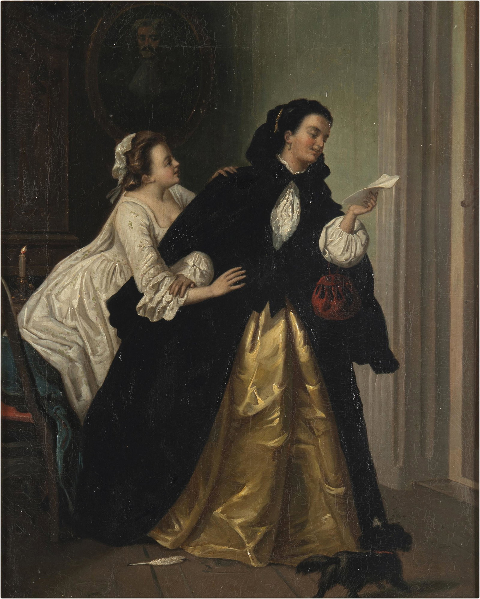 Two women in an interior reading a letter: 19th Century Continental School Oil on canvas laid to canvas Indistinctly signed upper right 17.75" H x 14.5" W