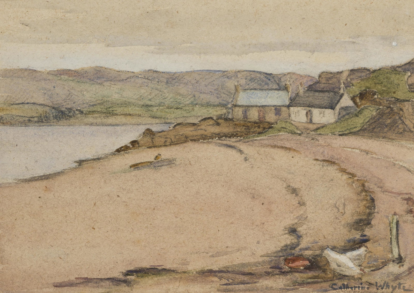 Catharine Whyte (1906-1979, Banff, Alberta, Canada): House along a coastline Watercolor on paper laid to board under glass Signed lower right: Catharine Whyte Sight: 9.5" H x 13.5" W
