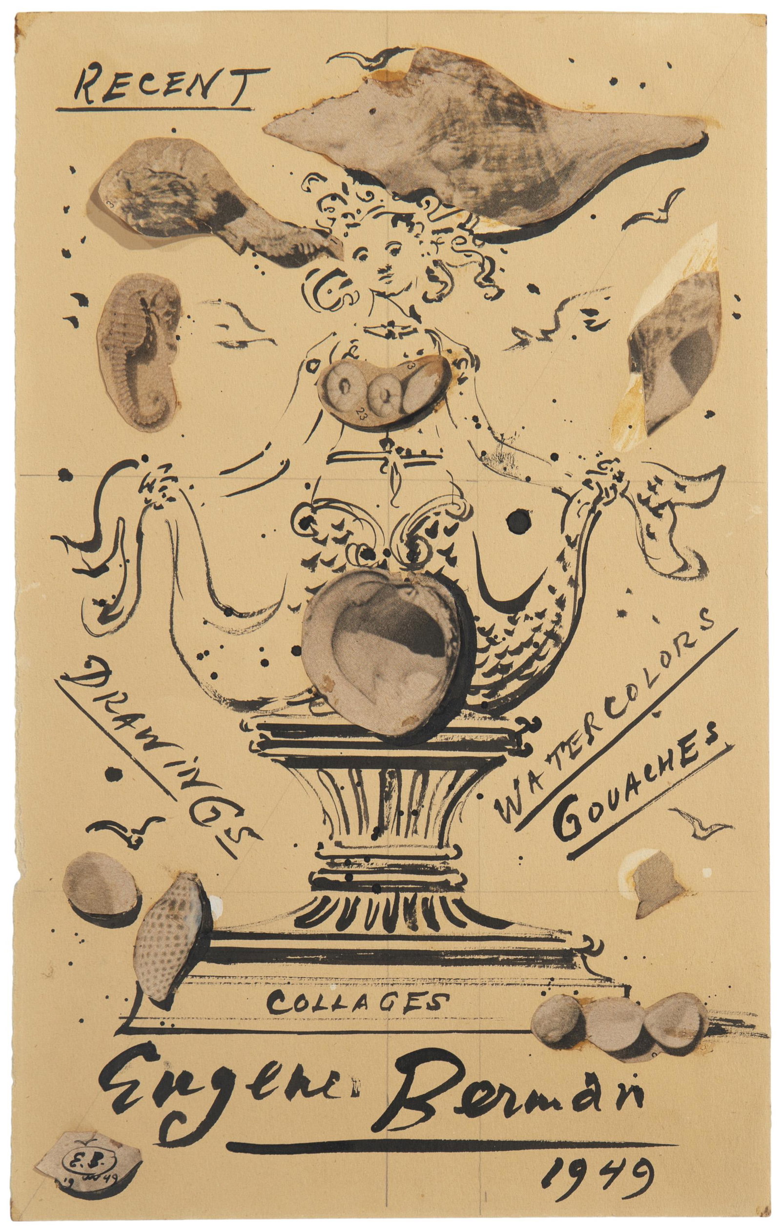 Eugene Gustavovitch Berman (1899-1972, Italian): "Recent Drawings, Watercolors, Gouaches, Collages," 1949 Ink and gouache with paper application on paper Signed and dated lower left: E.B. Sheet: 13.5" H x 8.5" W