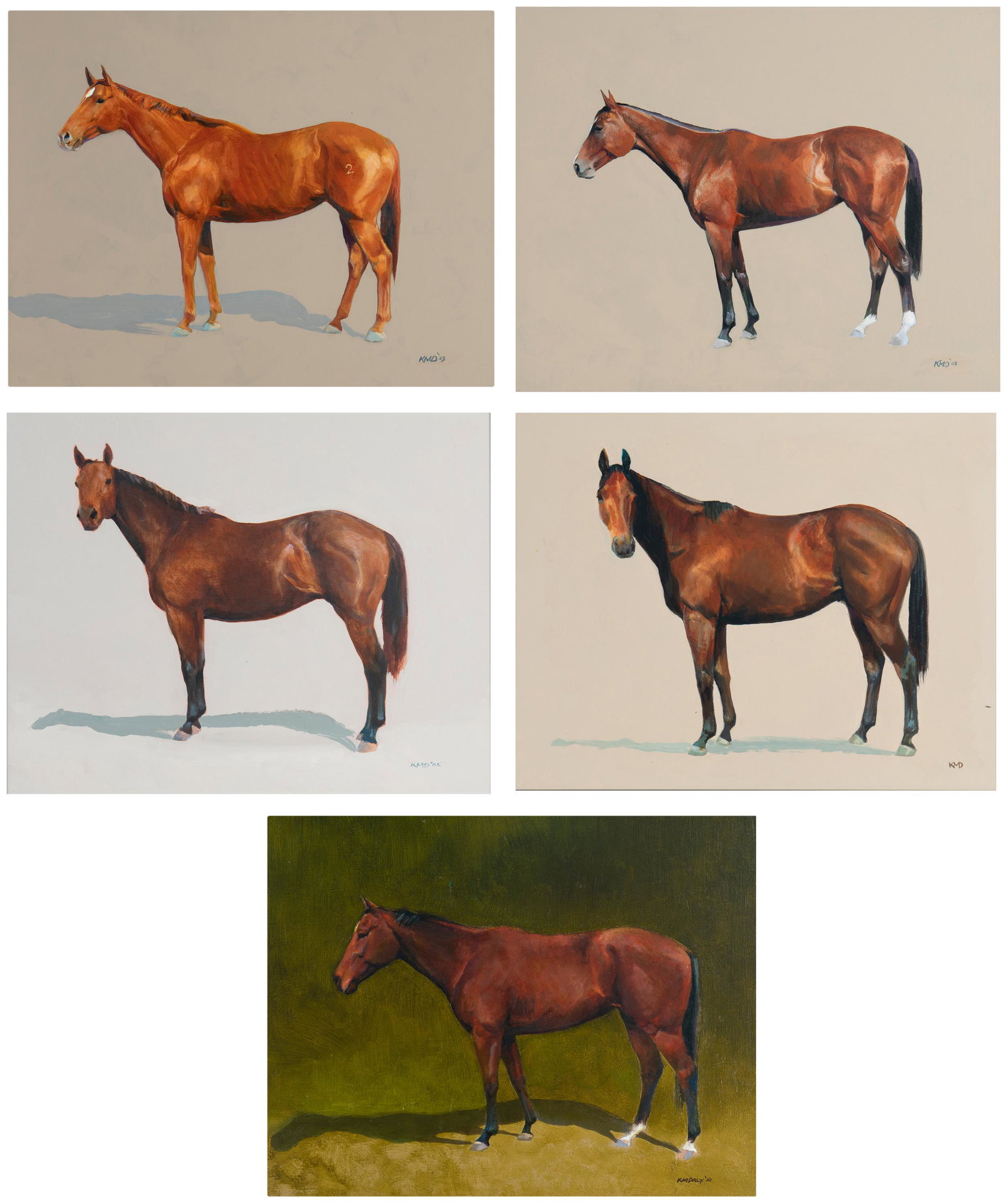K.M. Daly (b. 1947, California): Five equestrian portraits (five works) Each oil on board Each signed and dated lower right: KMD or KM Daly Each: 11" H x 14" W