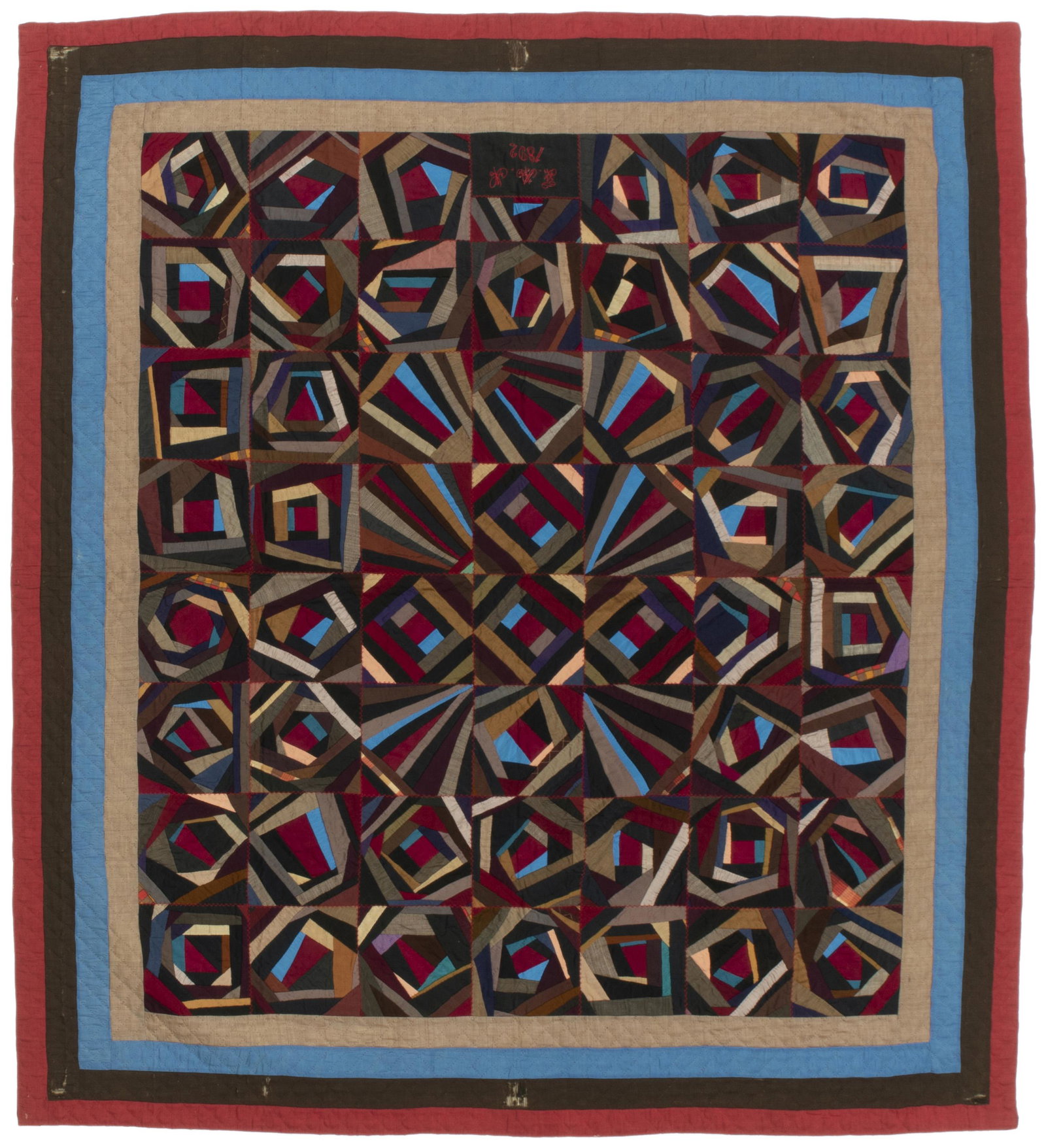 A double-sided Amish Contained Crazy/Pieced Bar quilt: 1892, American Embroidered: FAP / 1892 to center of one edge First side: Wool, crazy log cabin with central cross motif set in a red, brown, tan, and blue with quatro striped border of the same colors