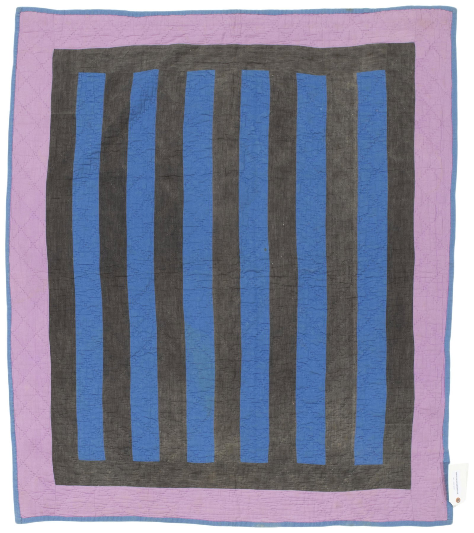 An Amish Bars crib quilt: 1920-1930, Ohio Cotton and cotton flannel with blue bars on black with a lavender border and blue binding edge, hand quilted in crosshatching and diamonds, with a blue cotton flannel backing 49" H x 4