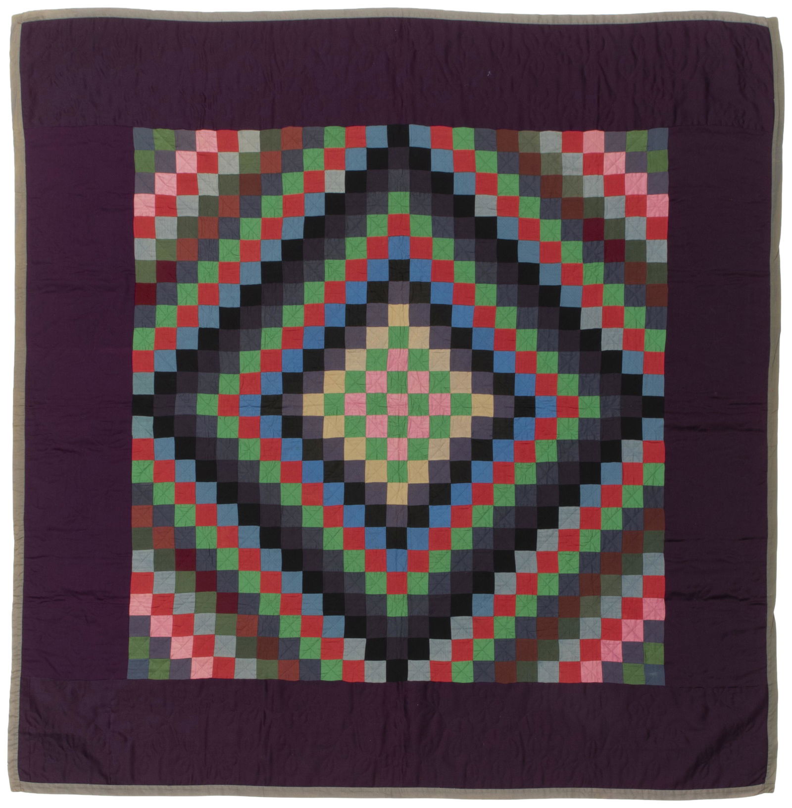 An Amish Sunshine and Shadow quilt: 1920-1930, Lancaster County, Pennsylvania Wool and cotton with multicolored diamonds, an eggplant border, and grey binding edge, hand quilted in crosshatching and floral garlands, with a printed grey