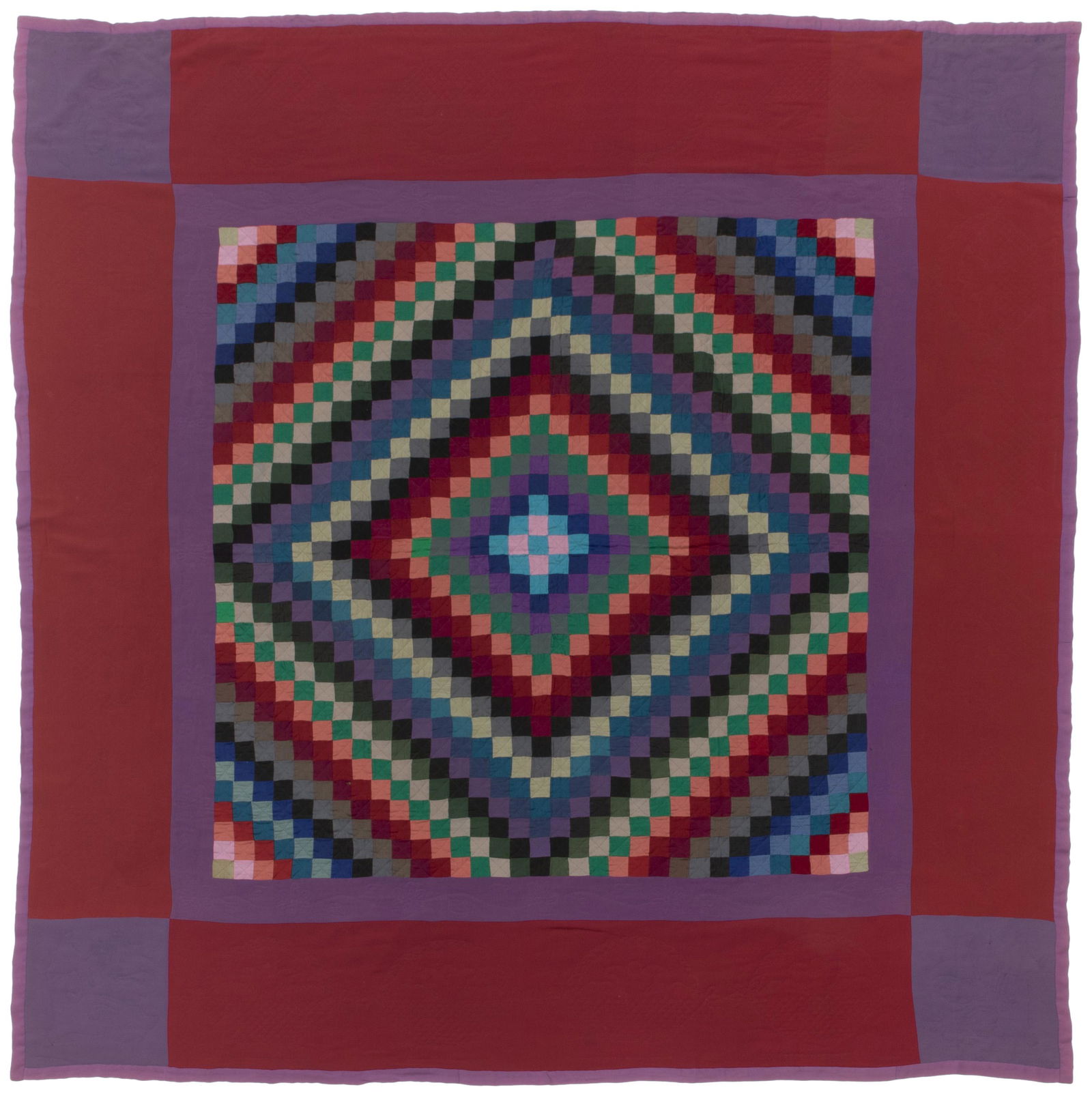 An Amish Sunshine and Shadow quilt: 1925-1935, Lancaster County, Pennsylvania Wool, wool crepe, rayon, and cotton with a multicolor center diamond and berry and lavender border, hand quilted in crosshatching, flowers, fruit baskets, an