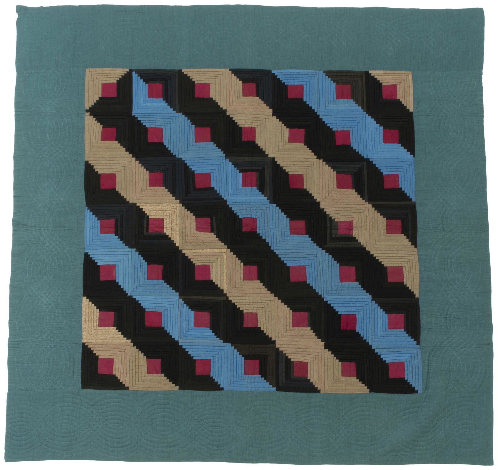 An Amish Log Cabin Straight Furrow quilt: 1910-1920, Ohio Wool and cotton with alternating black, tan, and blue lines with each cabin centered on the red flame and a heavy teal outer border, hand quilted in cables with a printed cotton backi