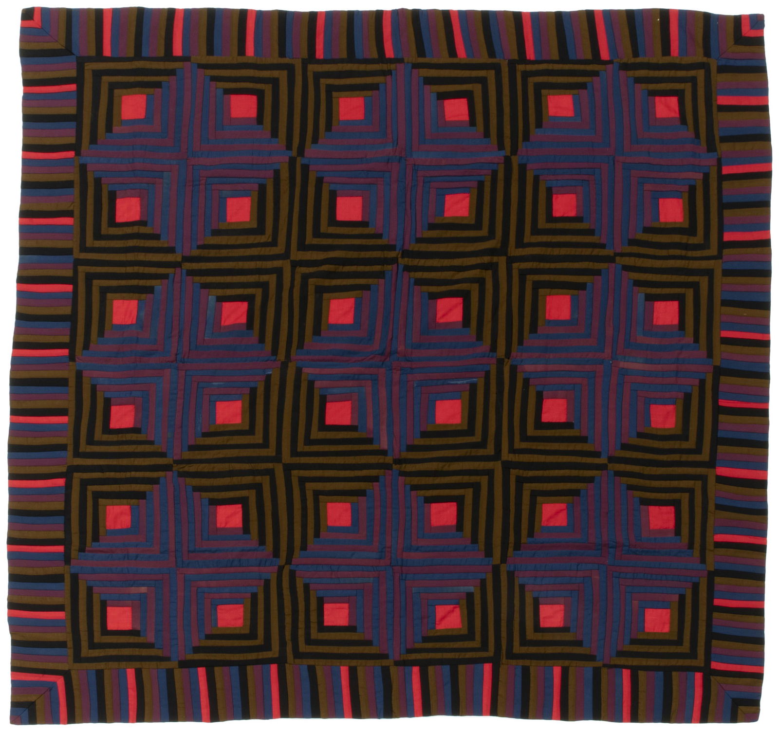 An Amish Log Cabin Light and Dark quilt: First-quarter 20th century, Western Pennsylvania Wool and cotton sateen with alternating black/green, blue/ purple with red centers, hand quilted in concentric squares with a navy blue cotton sateen