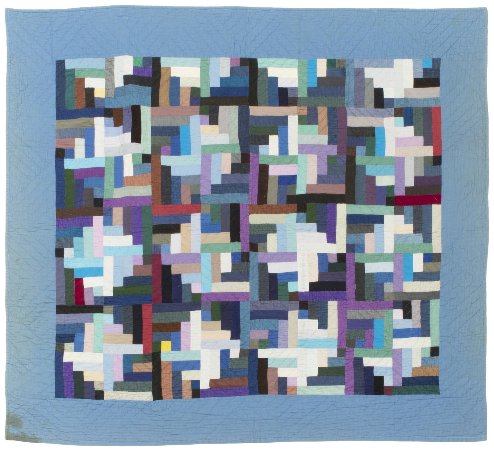 A double-sided Amish Abstract Logs/Window Pane quilt: 1920-1930, Ohio Cotton with multicolored strips and a blue exterior border, hand quilted in chevrons and concentric diamonds, with a dark grey and blue Plain quilt/Window Pane backing 68" H x 75.5" W 