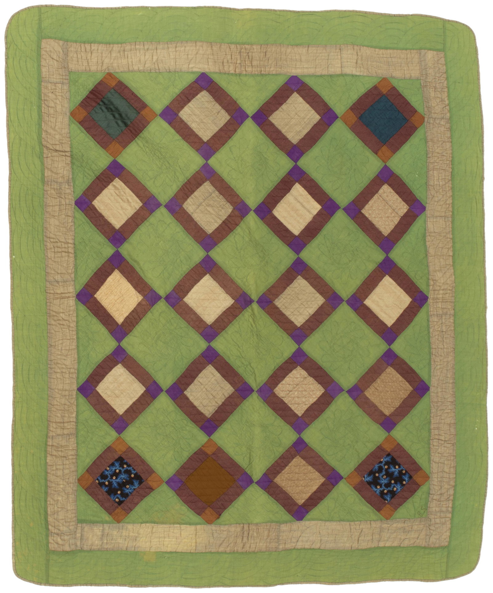 An Amish Puss in the Corner quilt: Circa 1888, Iowa Embroidered: E.S.; Quilted to inner border: Aug 1888 Wool and cotton with multicolored four column diamonds set on a green field with tan inner border, hand quilted in cables, paralle