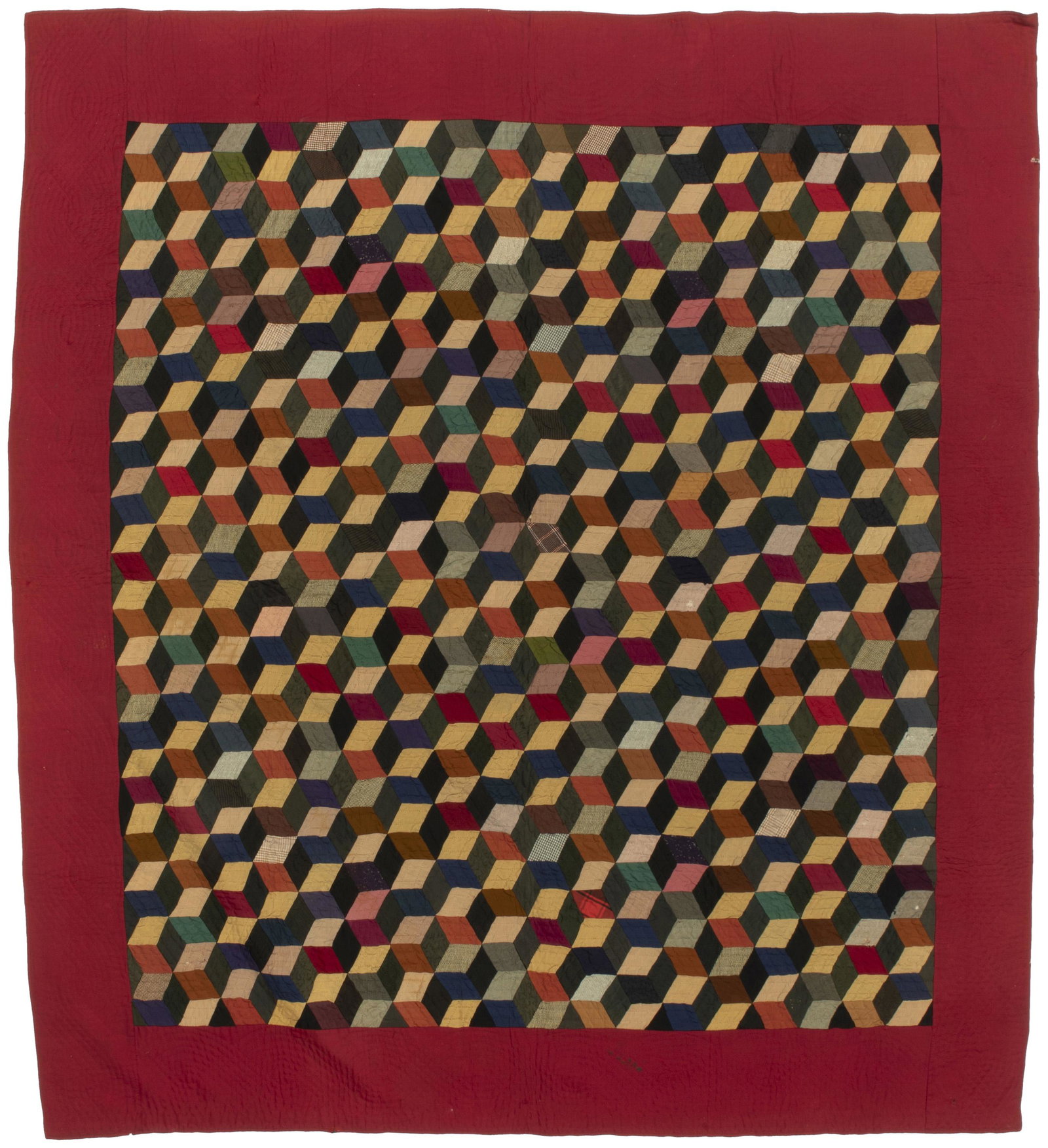 An Amish Tumbling Blocks quilt: 1910-1915, Lancaster County, Pennsylvania Made by Mrs. Enos King Wool and cotton with multicolored blocks and a red border, hand quilted in cables and crosshatching with a green and black floral print