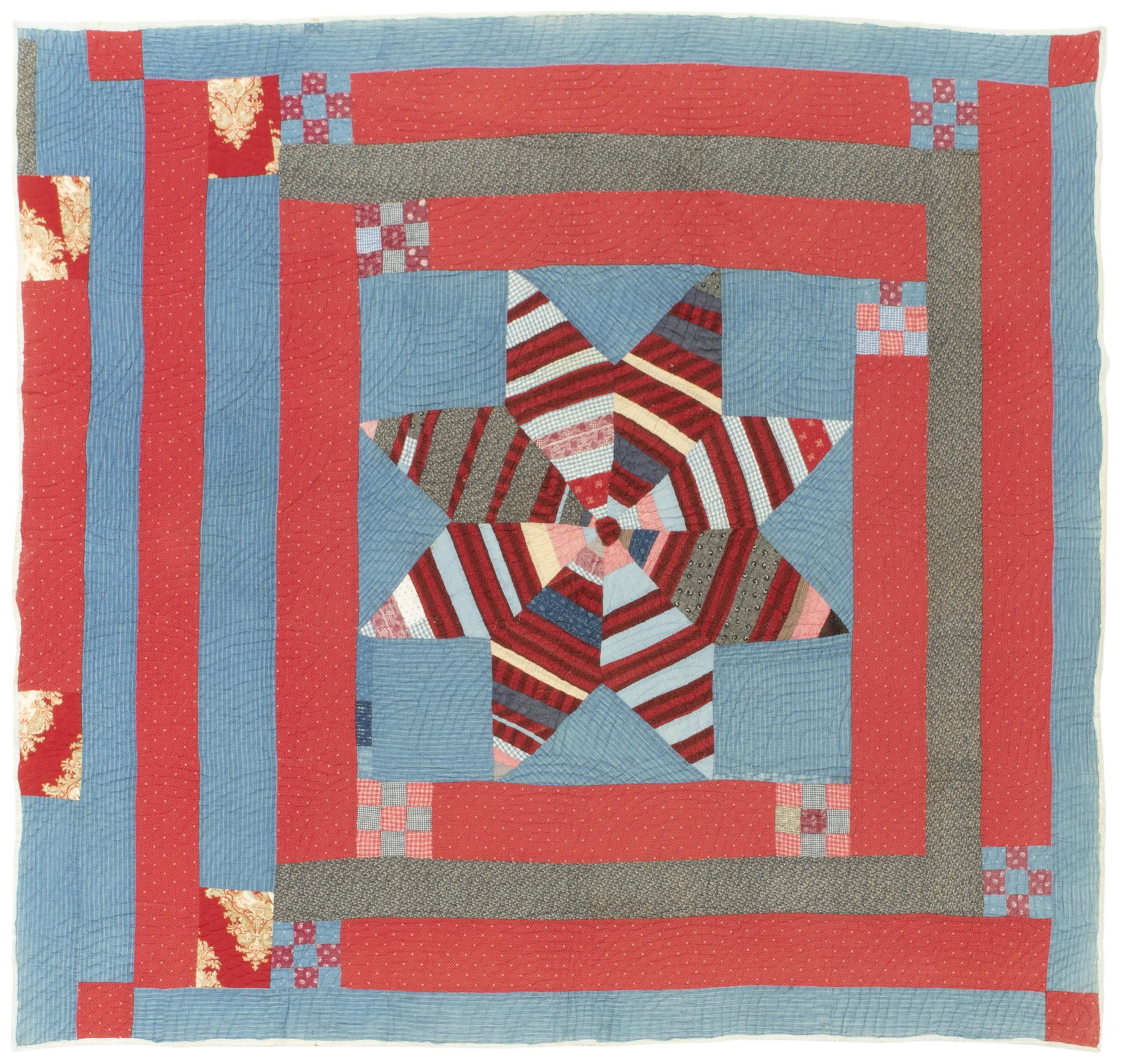 A Lone Star quilt: Second-quarter 20th century Cotton in red, white, and blue, with alternating red and blue borders, hand quilted in fan motif with white cotton backing 75.5" W x 68.5" H Provenance: The Collection of C