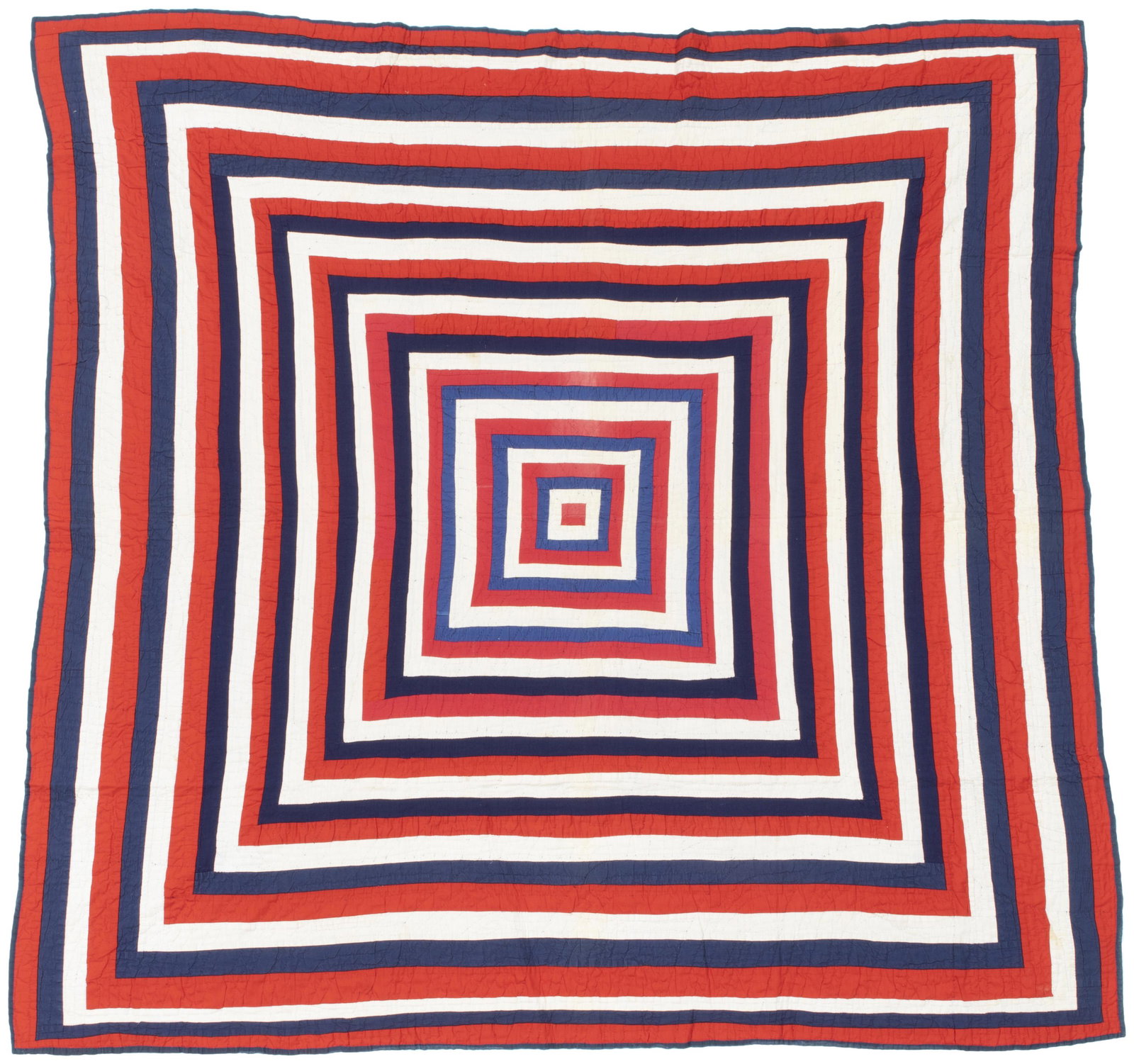 An American Bullseye quilt: Circa 1890, Michigan Cotton in alternating red, white, and blue squares, with a blue cotton backing, hand pieced and quilted in fans 74" H x 73" W Provenance: Sale, Judith and James Milne, Inc., New Y