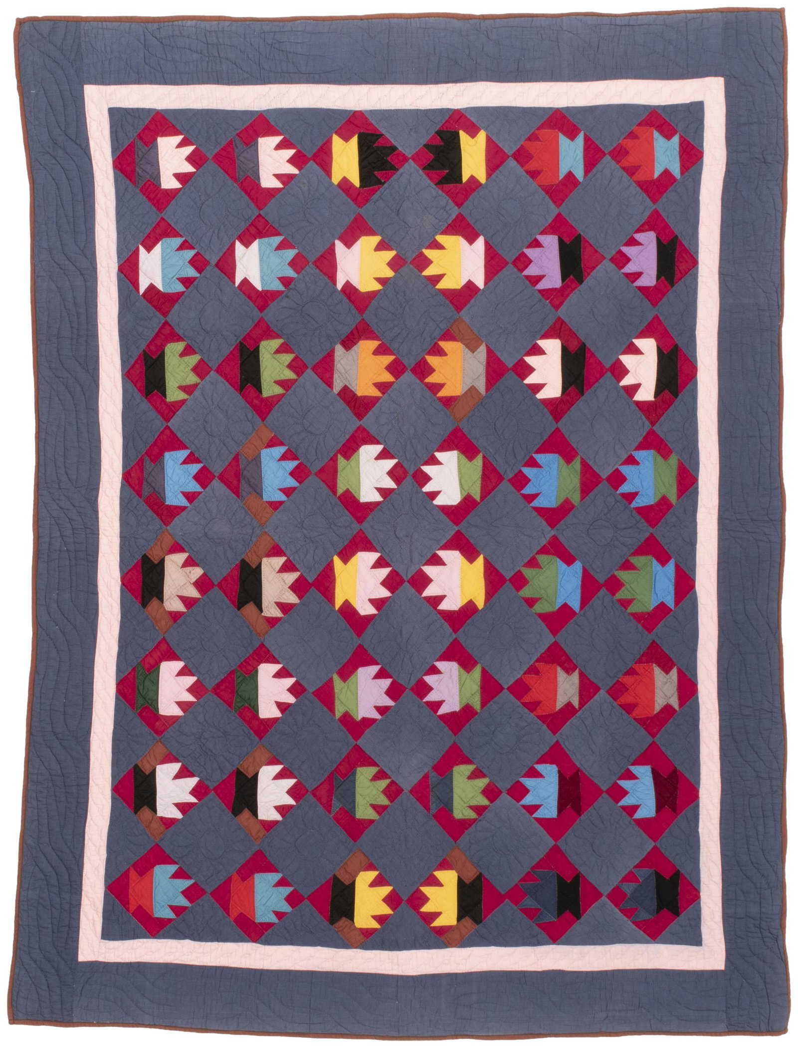 An Amish Basket of Chips quilt: 1931, Ohio Quilted to half diamond at border: Jan 31 Cotton with multicolored baskets and chips on red backgrounds, all on a blue field with a light pink inner border, hand quilted in flower heads, ro