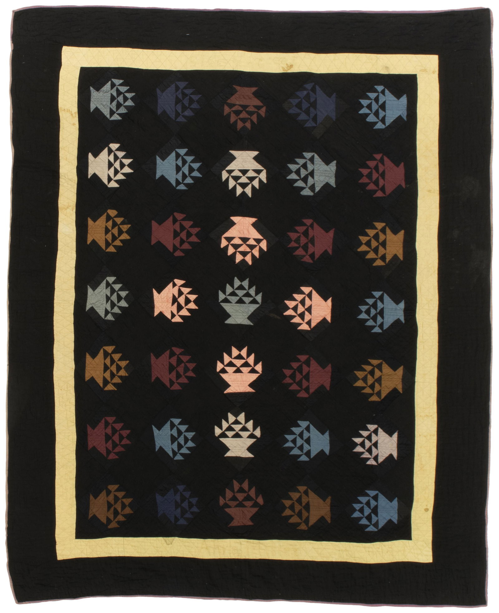 An Amish Baskets quilt: 1915, Middlebury, Indiana Quilted to inner border: Anna Miller, February 24th, 1915 Cotton and cotton sateen with multicolored baskets on a black field and pale yellow inner border, hand quilted in tu
