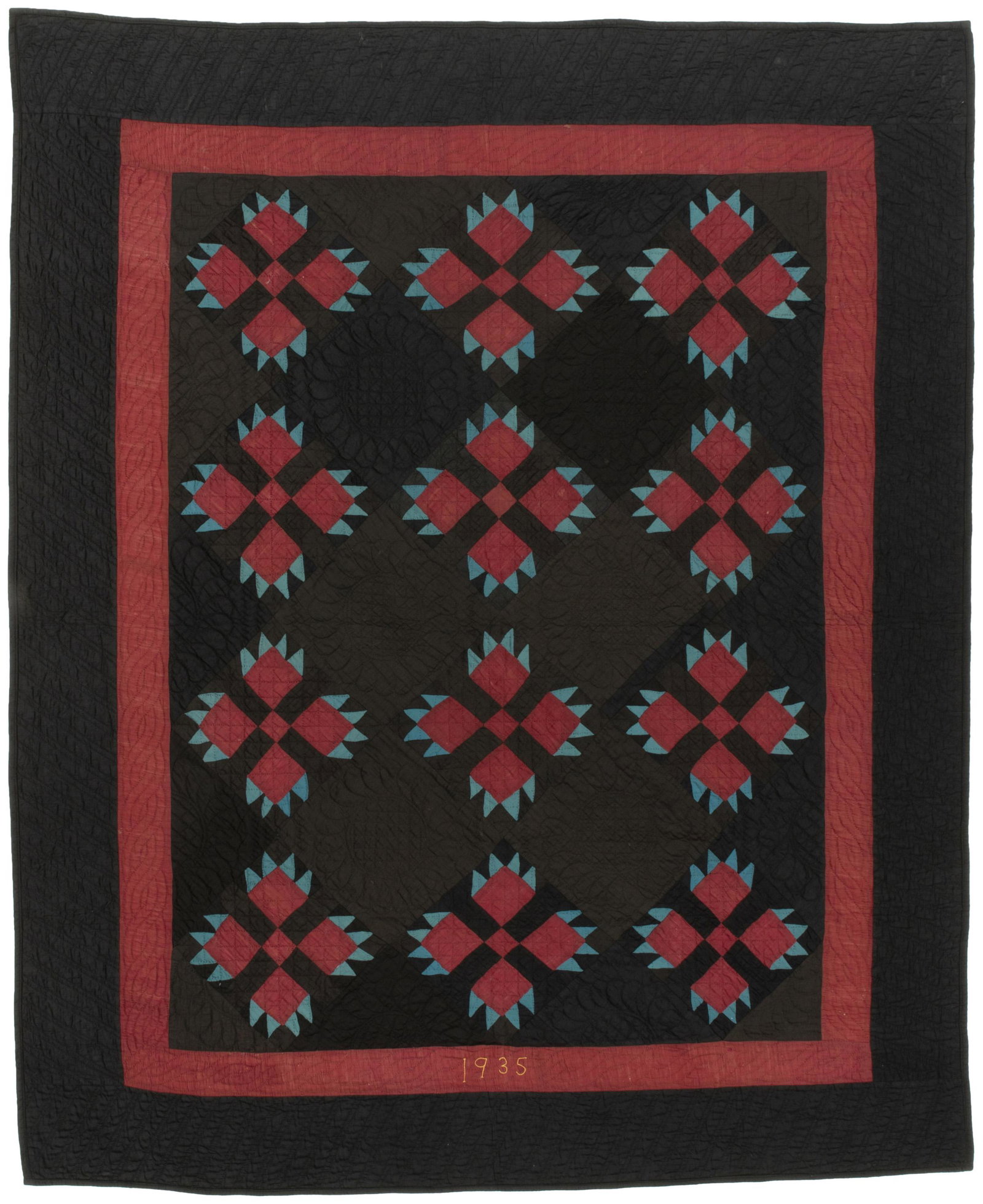 An Amish Bear Paw quilt: 1935, Ohio Embroidered to one end: 1935 Cotton and cotton sateen with red and turquoise bear paws on a black field with red inner border, hand quilted in crosshatching, feather wreaths, cables, and di