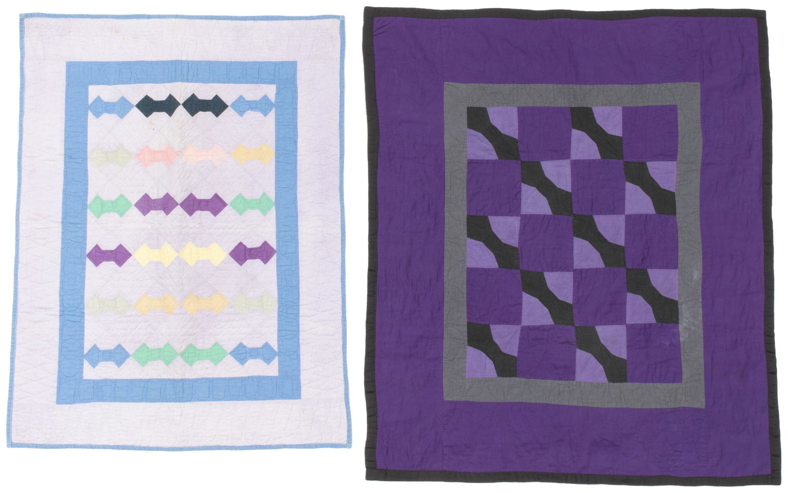 Two Amish Bows crib quilts: Circa 1930, Ohio and Pennsylvania First: An Ohio-made crib quilt in cotton with multicolored bow ties on a light lavender field with light blue inner border and binding edge, hand quilted in straight