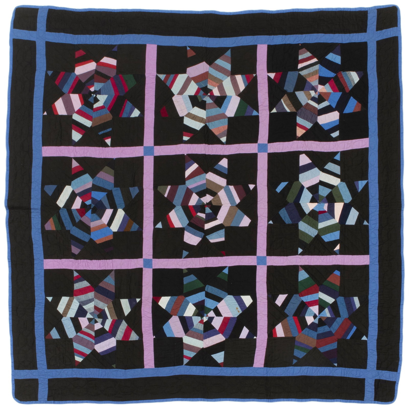An Amish Strip Star quilt: Circa 1930, Ohio Cotton with nine-star motif and lavender and blue trim, hand quilted in parallel lines, interlocking diamonds, ovals, and ropes with a blue backing 73" H x 74.5" W Provenance: Sale, J