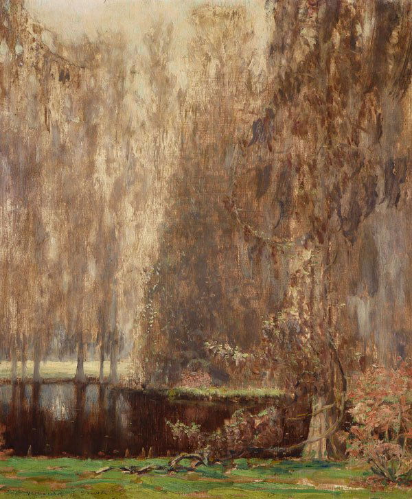 William Posey Silva (1859-1948): The Wisteria Vine in the Garden of Dreams, South Carolina landscape, incised with signature and date lower left: William P. Silva 1924, signed and dated again and titled verso, oil on canvas laid to a