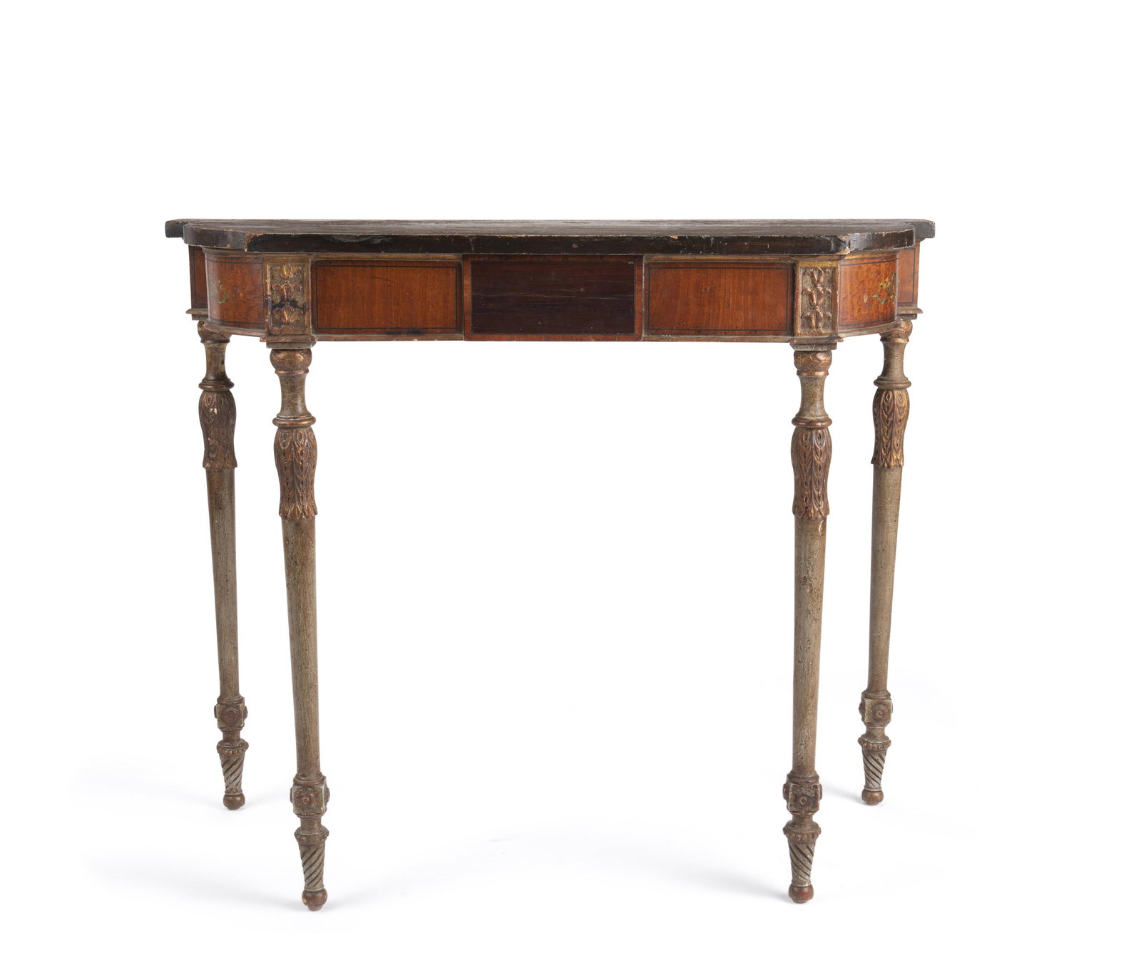 A George III-style painted console: 19th Century The carved and painted table with a pastoral scene and surrounding painted decoration to the top, the tapered legs carved with acanthus leaves, flowers, and scrolls 32.375" H x 39.375" W 