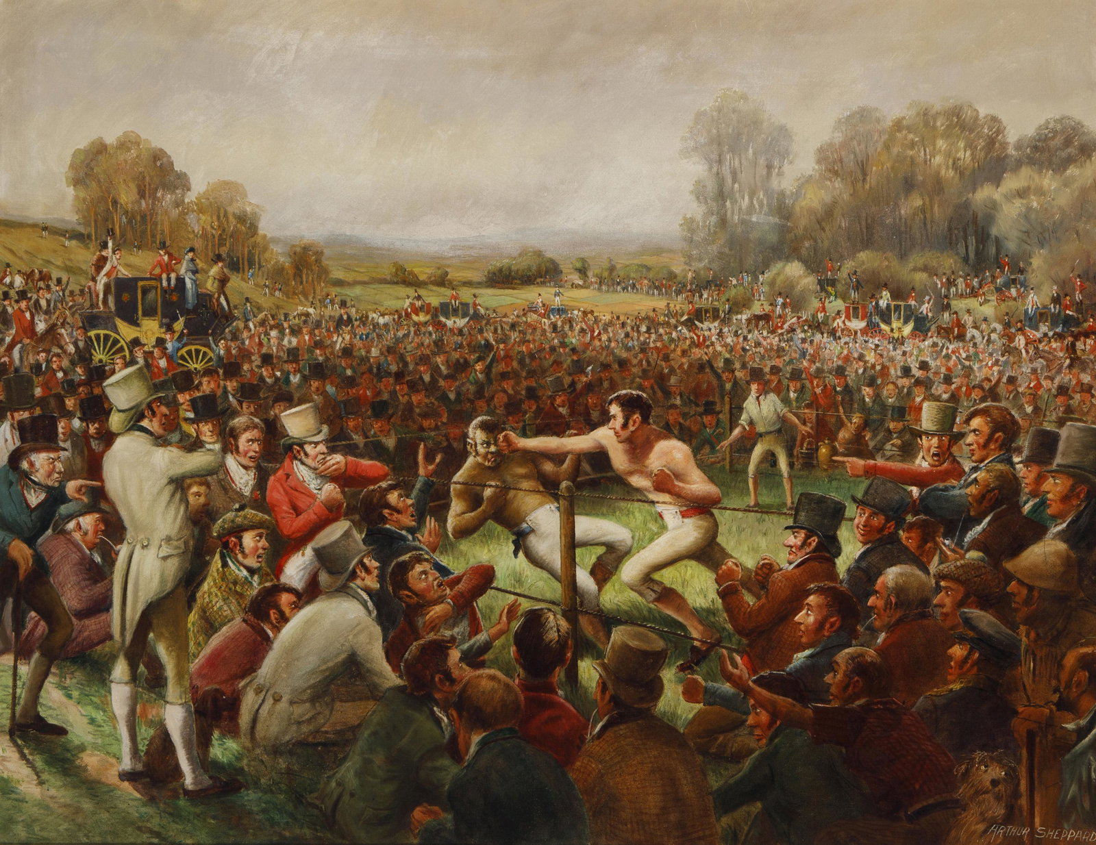 Arthur Sheppard (1875-1954, British/American): "Tom Cribb vs Tom Molineaux (rematch)" Oil on canvas Signed lower right: Arthur Sheppard, titled on a gum label affixed to the stretcher 30" H x 39" W Notes: This match took place on December 18, 1811