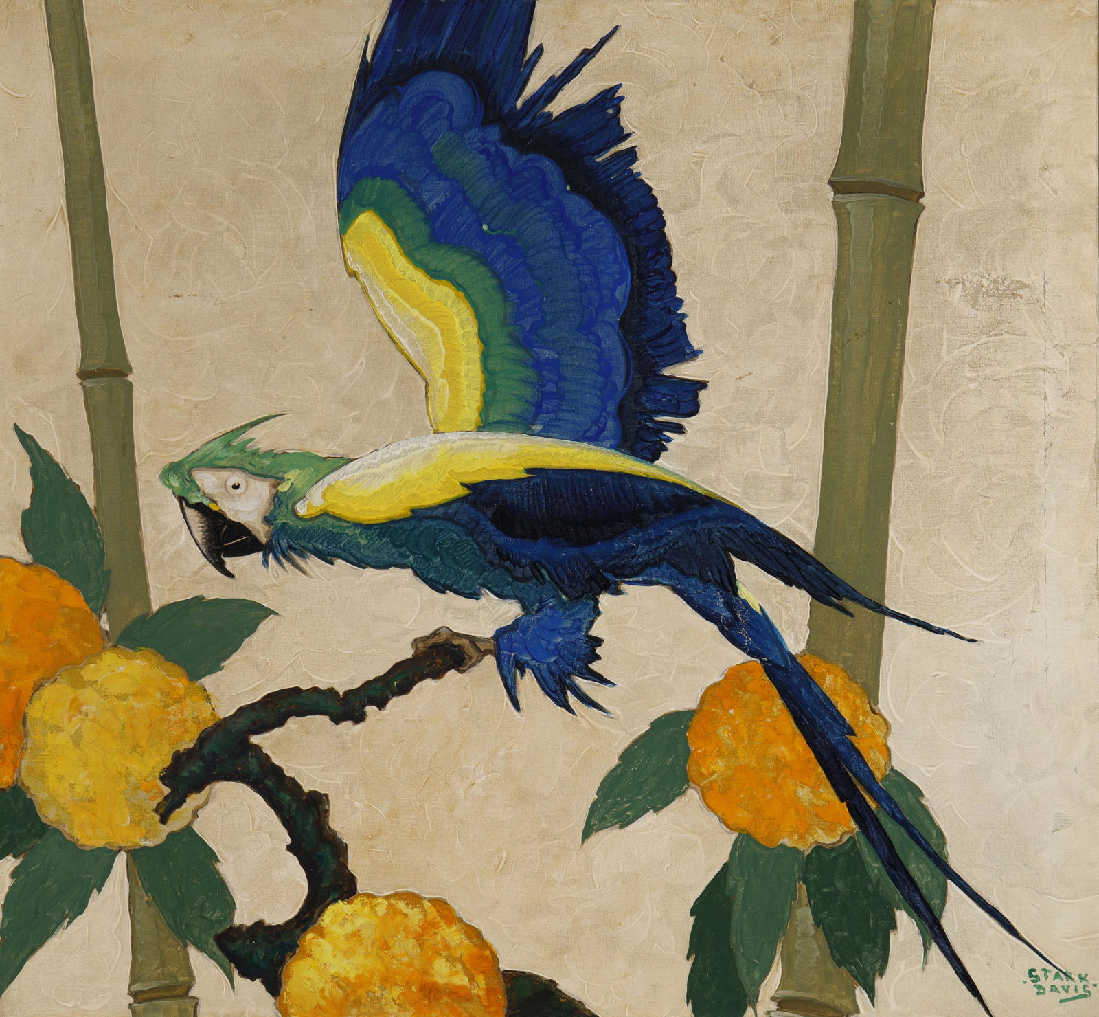Stark Davis (1885-1950, Chicago, IL): Parrot on a branch Oil on canvas Signed lower right: Stark Davis 28" H x 30" W