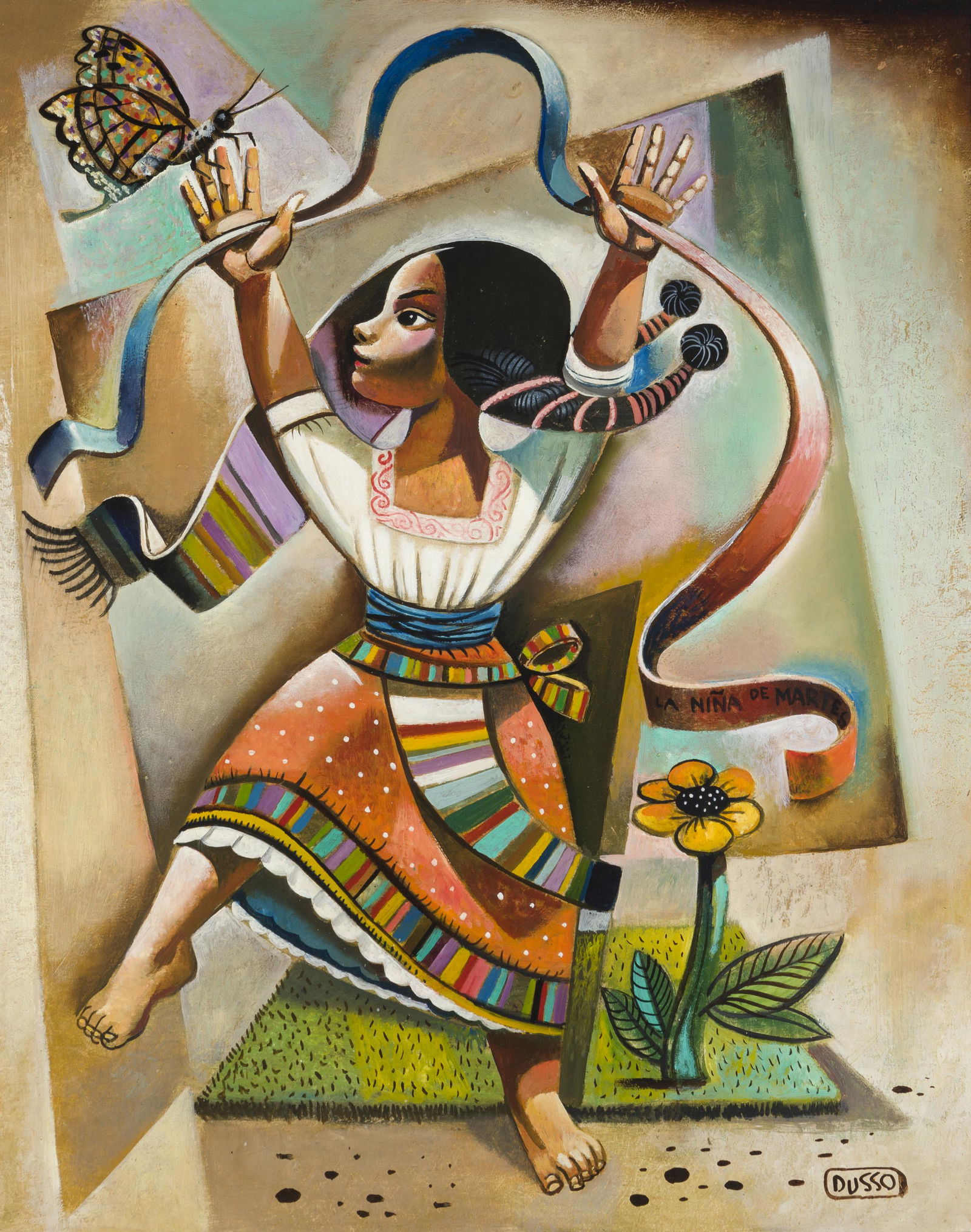 Leon D'Usseau Jr. (1918-1991, Sherman Oaks, CA): "La Nina de Martes" Oil on masonite Signed lower right: Dusso, titled right center 30" H x 24" W