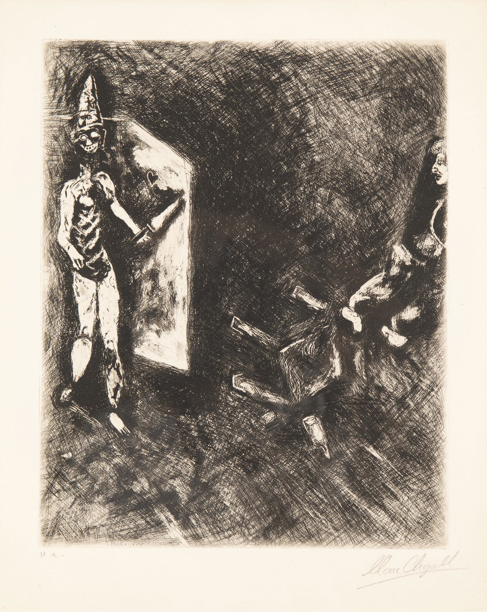 Marc Chagall (1887-1985, French): "Le Mort et le Malheureux," 1952 from (Fables De La Fontaine) Etching on paper under Plexiglas Edition H.C., signed in pencil lower right: Marc Chagall, editioned in pencil lower left Sight: 13.75" H 