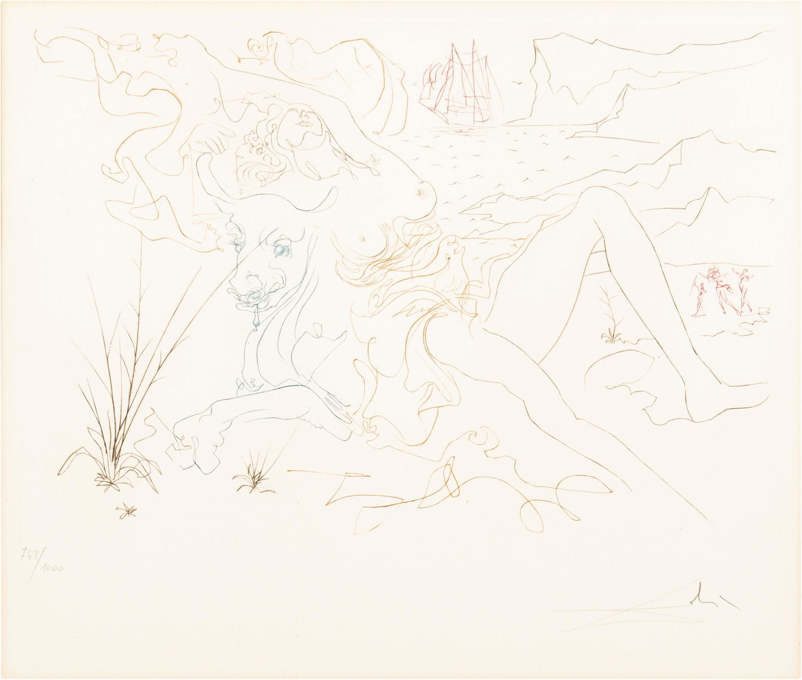 Salvador Dali (1904-1989, Spanish): "Europa and the Bull," 1972 Dry-point engraving on paper under Plexiglas Edition 768/1000 (plus 50 Artist's Proofs), signed in pencil lower right: Dali, numbered in pencil lower left Sight: 14.25"