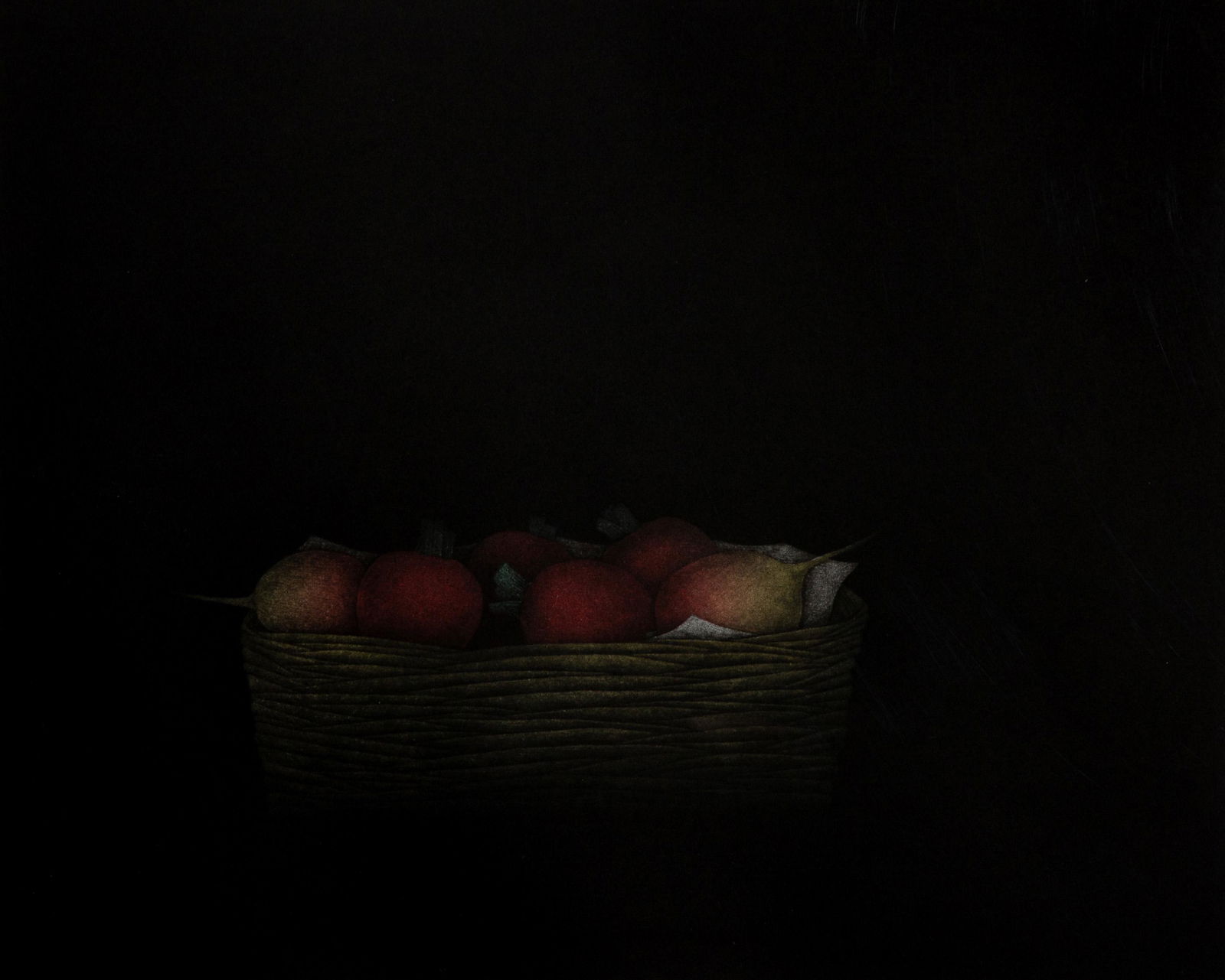 Tomoe Yokoi (b. 1943, Japanese): "Turnips" Color mezzotint etching on paper under Plexiglas Edition 19/100, signed T. Yokoi lower right and titled lower center Image: 10.75" H x 13" W; Sight: 12.25" H x 14.25" W