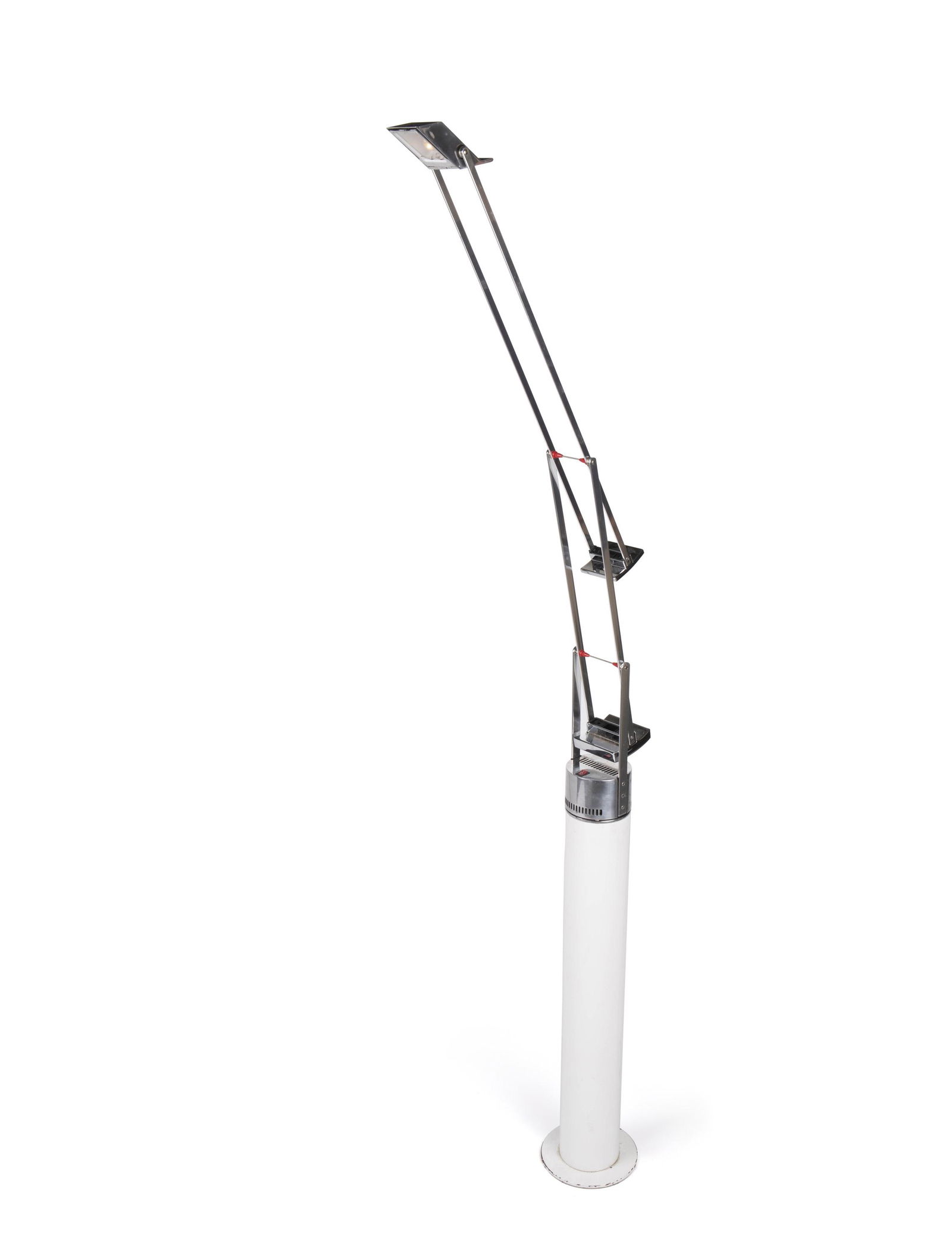 A Richard Sapper "Tizio" floorlamp for Artemide: Fourth-quarter 20th Century Marked to one cantilevered arm Originally designed in 1972 the polished aluminum and white base counter-weighted adjustable floorlamp uses the parallel arms instead of wi