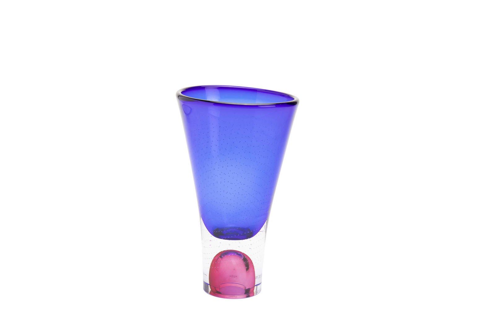A Goran Warff for Kosta Boda glass vase: Second-half 20th Century, Sweden Signed and identified to base: Kosta Boda / G Warff / 1040057; With sticker to base: Kosta Boda since 1742 The vase in cobalt and pink with a heavy glass bottom 11"