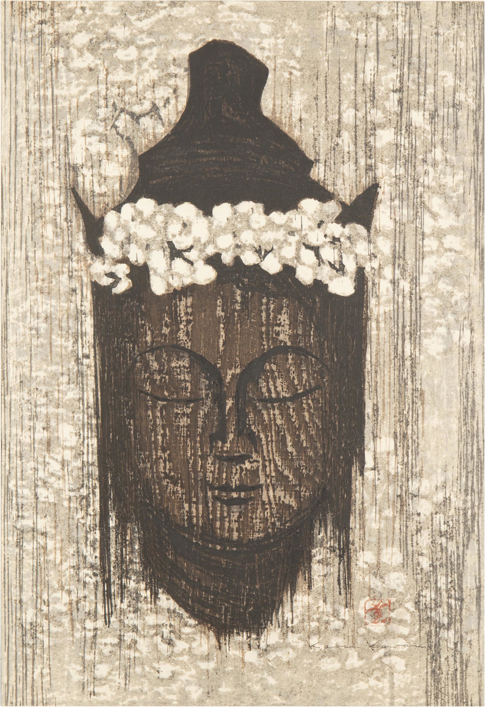 Kaoru Kawano (1916-1965, Japanese): Figure with closed eyes Woodblock print on paper under glass Signed lower right: Kaoru Kawano, and with the artist's chop mark Sight: 21.75" H x 14.75" W