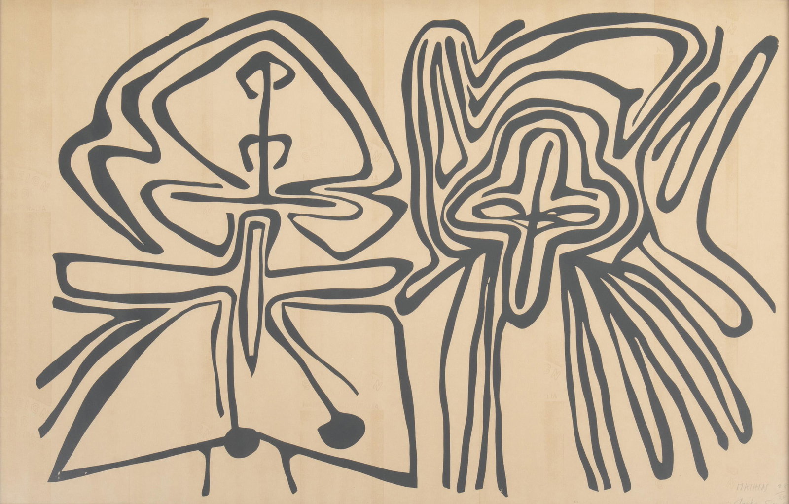 Mathias Kauage (1944-2003, Papuan): "Masks," 1968 Lithograph on Sovereign Bond paper under glass in a custom frame Edition 28/50, signed, dated and numbered in pencil lower right: Mathias / Sep. 15, 68 21" H x 33" W