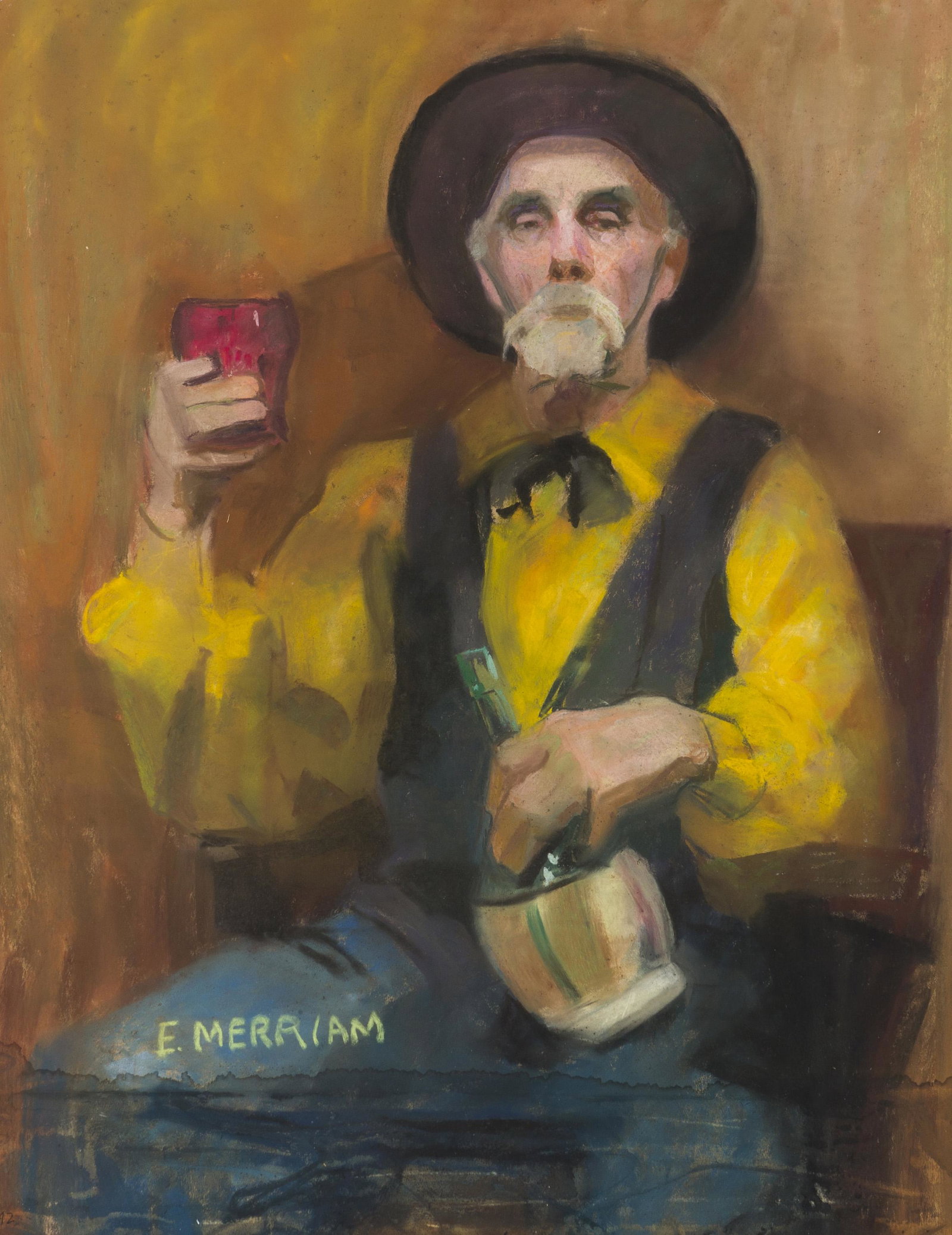 Eleanor Merriam Lukits (1909-1948, Los Angeles, CA): Man in western attire with wine bottle, 1942 Pastel on paper under glass Signed lower left: E. Merriam, dated lower left Sight: 19.5" H x 15.5" W