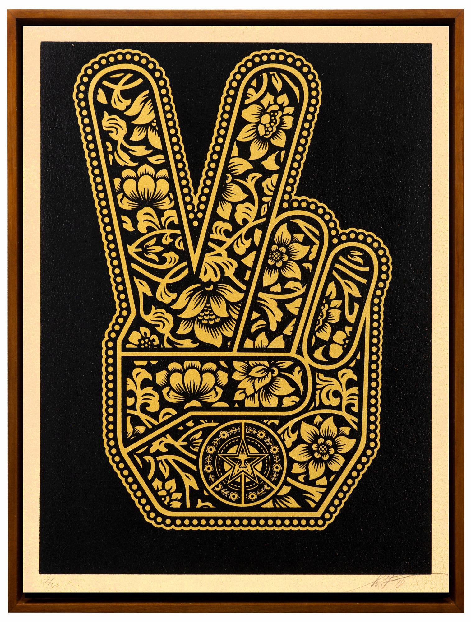 Shepard Fairey (b. 1970, American): "End Gun Violence Together Peace Fingers," 2019 Silkscreen on Wood Panel Edition 2/6, signed lower right 24" H x 18" W Notes: Shepard Fairey is a cultural phenomenon and arguably the most recognized c