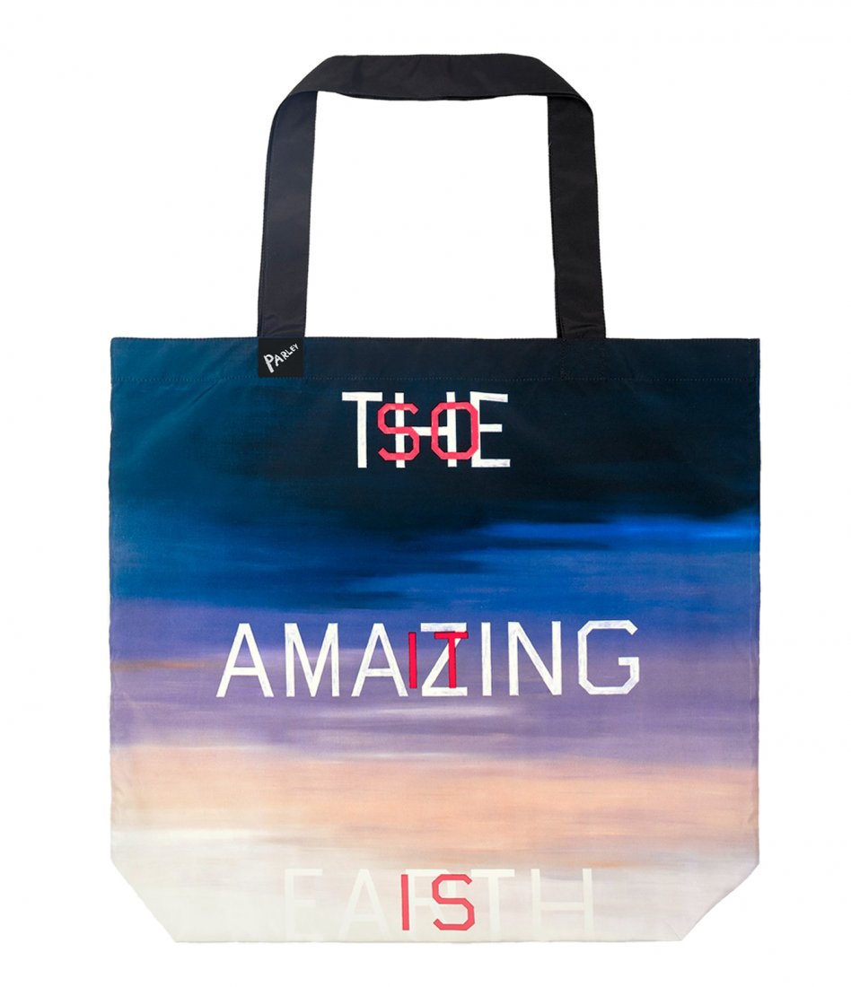 Ed Ruscha X Parley signed tote bag: 2020 Signed: Ed Ruscha 'The Amazing Earth' 1984 special edition ocean bag - artist series. Made with Ocean Plastic. Folds into pocket sized pouch. 43cm x 39cm Notes: photo credit: Parley for the
