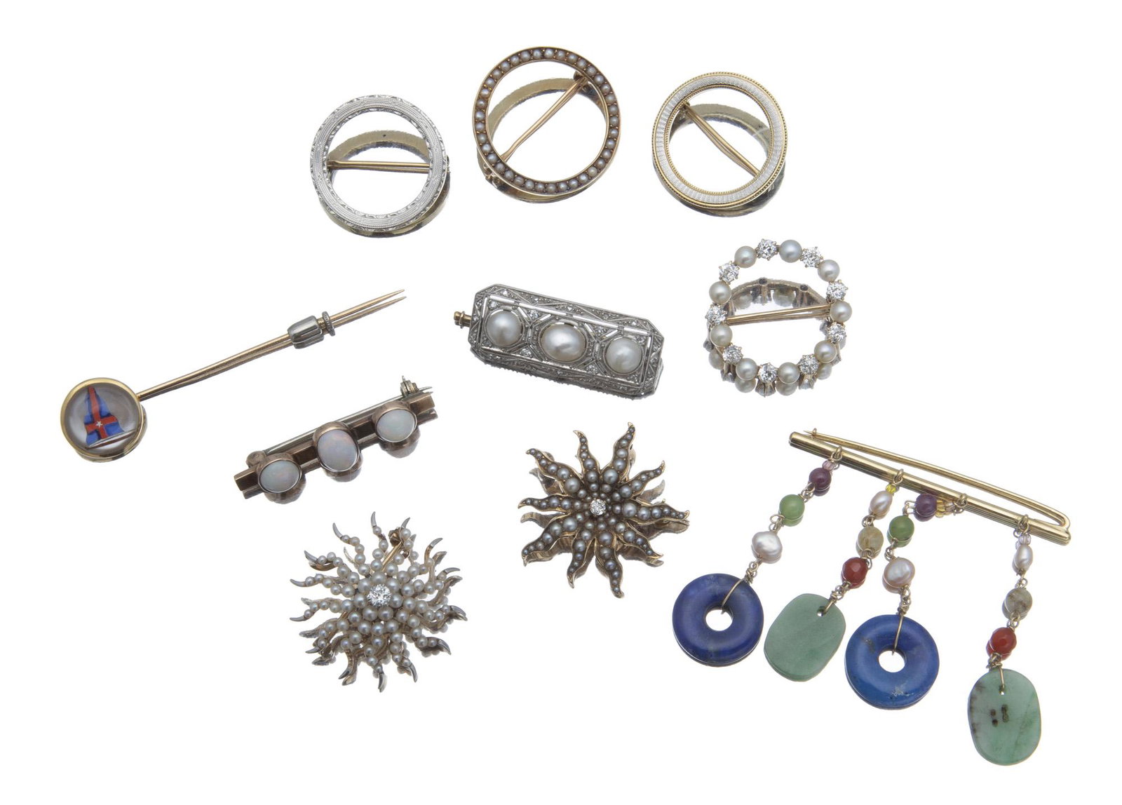 A group of Vintage and Antique pins: Comprising an Edwardian 14k yellow gold, diamond, and pearl circle brooch (1" Dia.); An Edwardian platinum, diamond, and pearl brooch (1 1/4" W x 1/2" H); Two 14k yellow gold and seed pearl pendant/br
