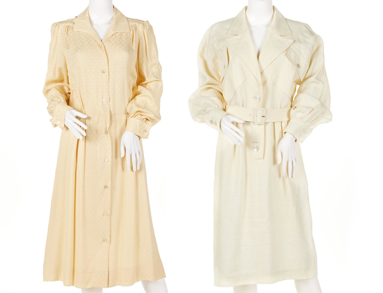 Two Hermes belted shirt dresses: Third quarter 20th century Each with fabric label: Hermes Paris Comprising a cream silk shirt dress with original retail tag and a white shirt dress, 2 pieces Size 42 and 44