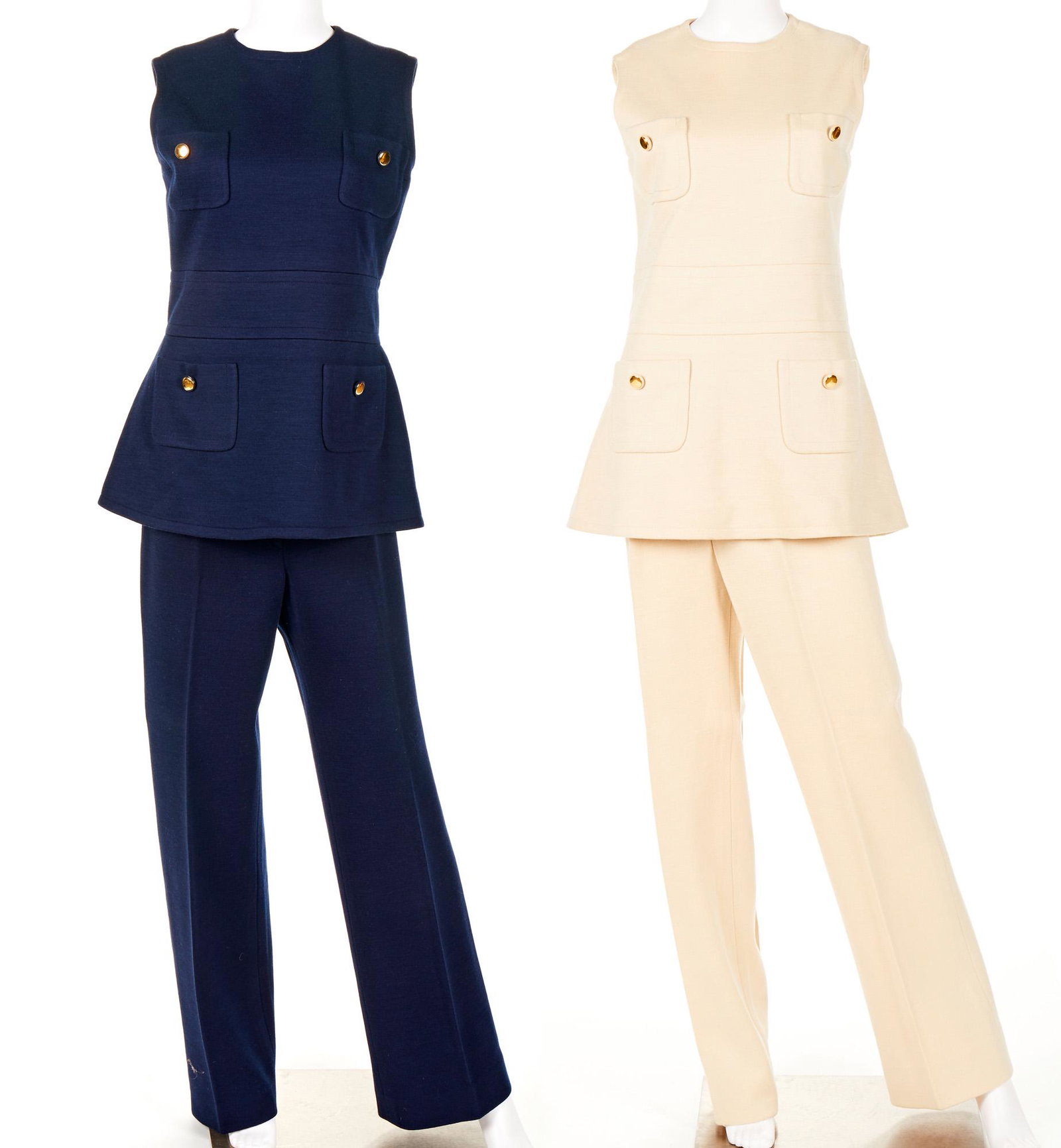 Two Philippe Venet sleeveless pant suits: Circa 1960s Each with fabric label: Philippe Venet Comprising one navy and one cream, 4 pieces
