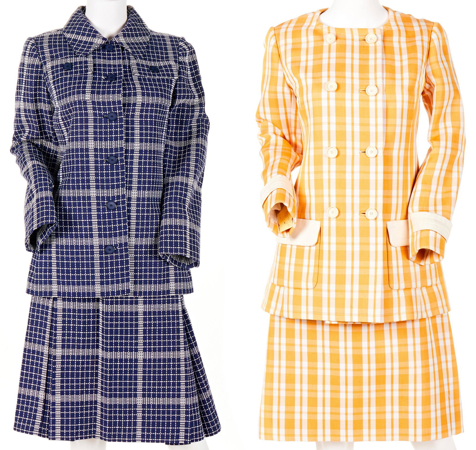 Two Philippe Venet skirt suits: Circa 1960s Each with fabric label: Philippe Venet Paris; Further labeled: Made Expressly for Bullocks Wilshire Comprising a blue and white check skirt suit together with a yellow and white skirt suit