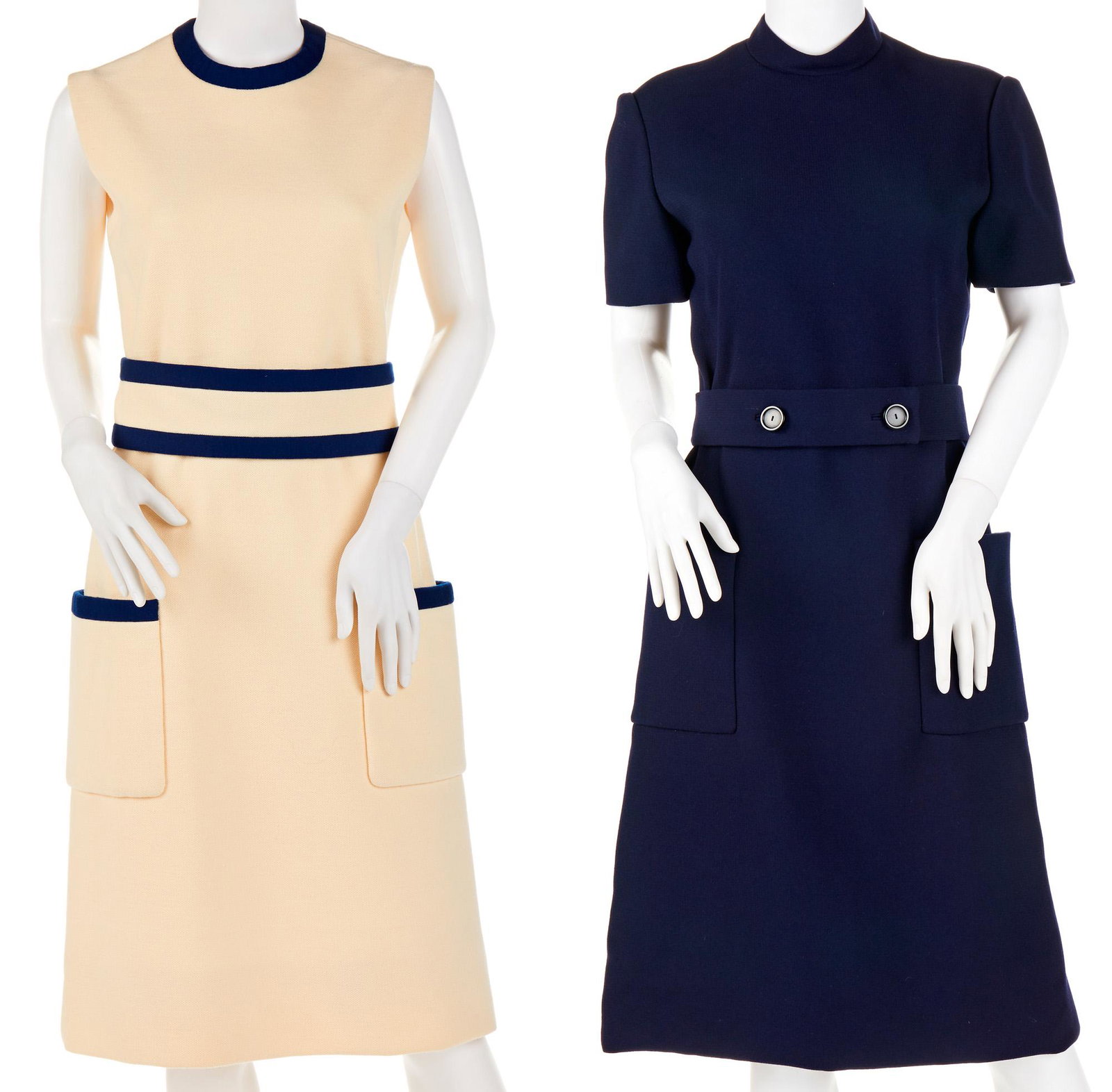 Two Norman Norell day dresses: Circa 1960s The second with a fabric label: Norman Norell Comprising a cream sleeveless dress with navy trim and a navy mock turtleneck dress, 2 pieces