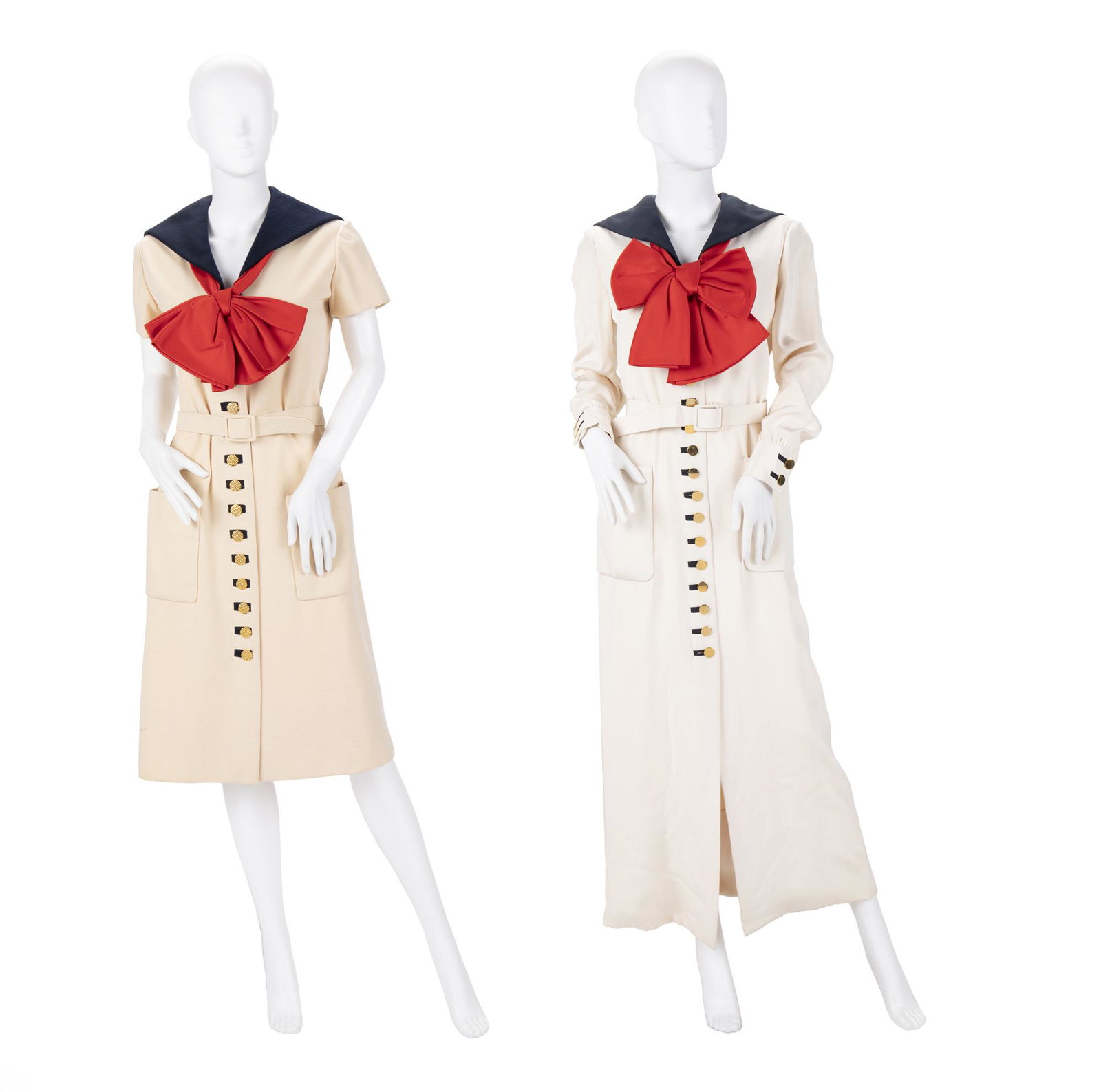 Two Norman Norell sailor dresses: Circa 1960 Each with fabric label: Norman Norell Comprising a long sleeve and a short sleeved dress each with a red bow, 2 pieces