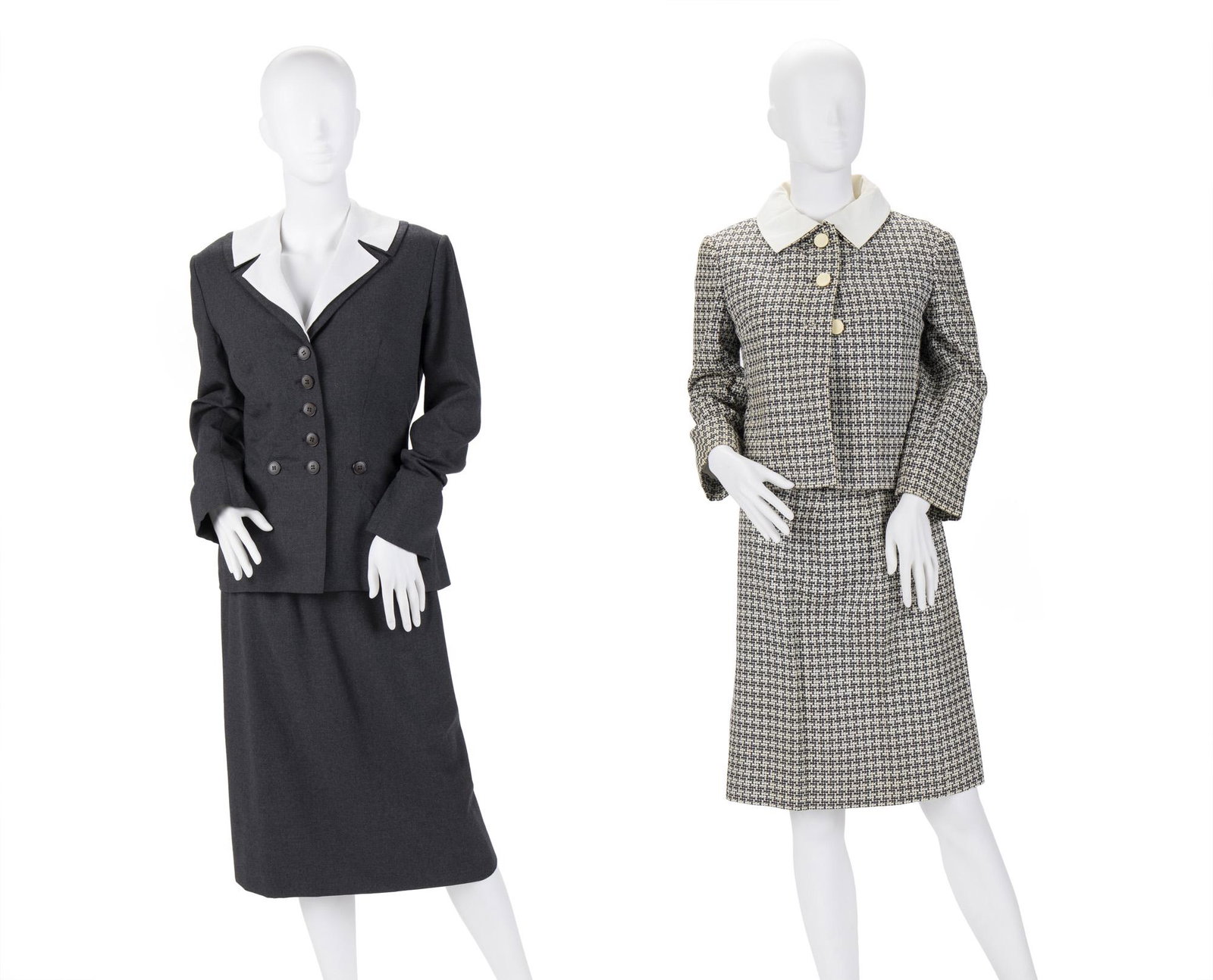 Two vintage skirt suits: Circa 1950s Each with fabric label Comprising an Irene skirt suit and an Elizabeth Arden skirt suit with sleeveless blouse, 5 pieces