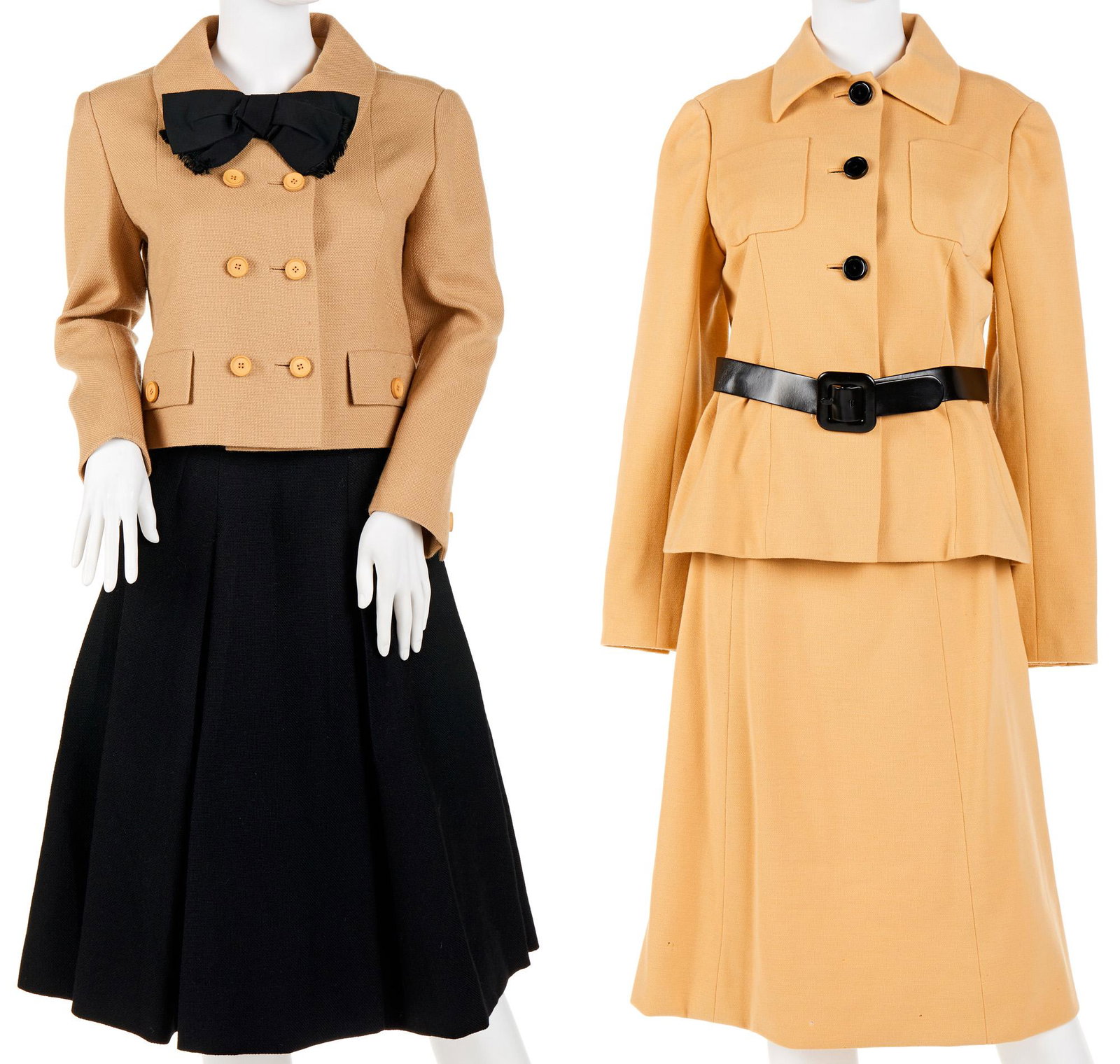 Two Norman Norell skirt suits: Circa 1960s Each with fabric label Comprising a woven suit with black bow and a khaki-colored belted skirt suit, 4 pieces