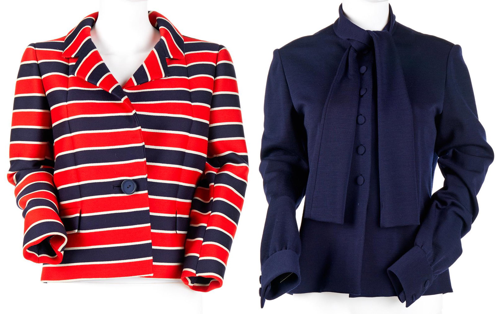 Two Norman Norell jackets: Circa 1960s Each with fabric label Comprising a red, white and blue striped jacket together with a navy blue jersey knit jacket, 2 pieces