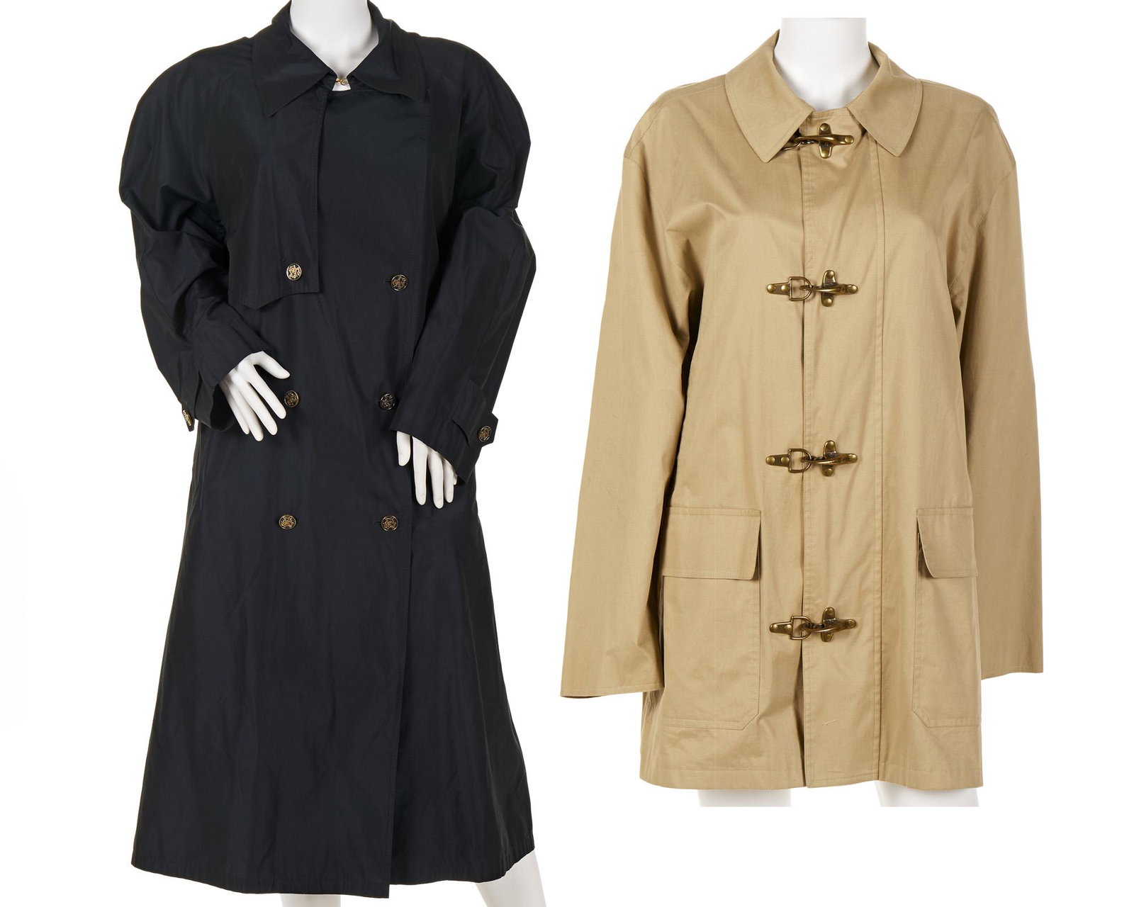 Two Hermes trench coats: Third quarter 20th century Each with fabric label: Hermes Paris One khaki and one navy, 2 pieces Khaki size: 48