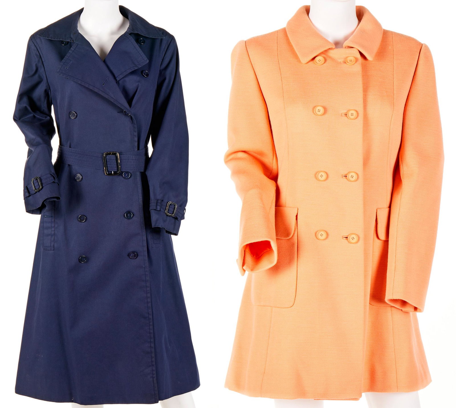 Two Givenchy coats: Circa 1960s Each with fabric label: Givenchy Paris Comprising a navy trench coat together with a peach double-breasted coat, 2 pieces Each size 44