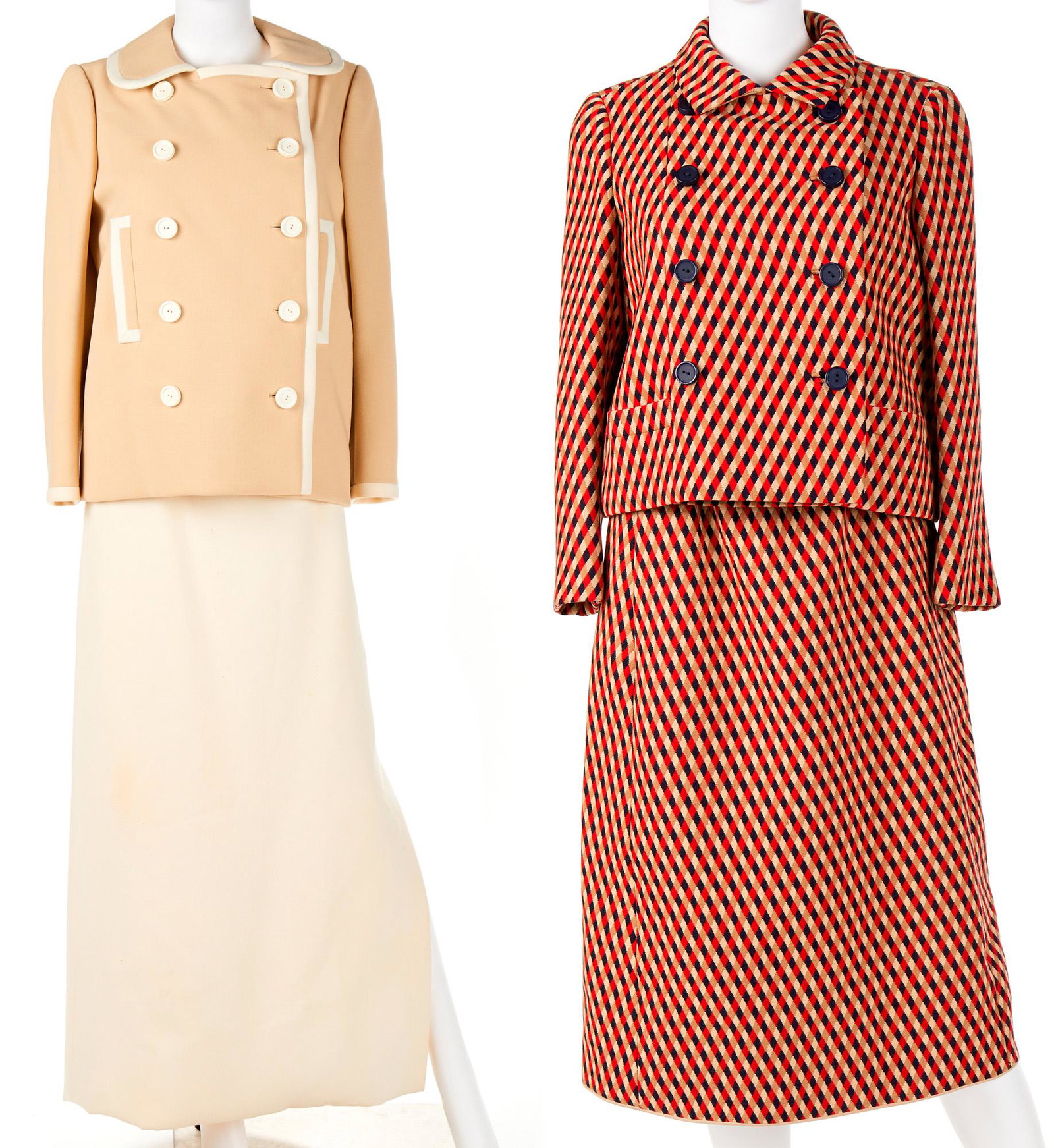 Two Norman Norell ensembles: Circa 1960s First with fabric label Comprising a white sleeveless dress with khaki overcoat and a skirt suit, 4 pieces