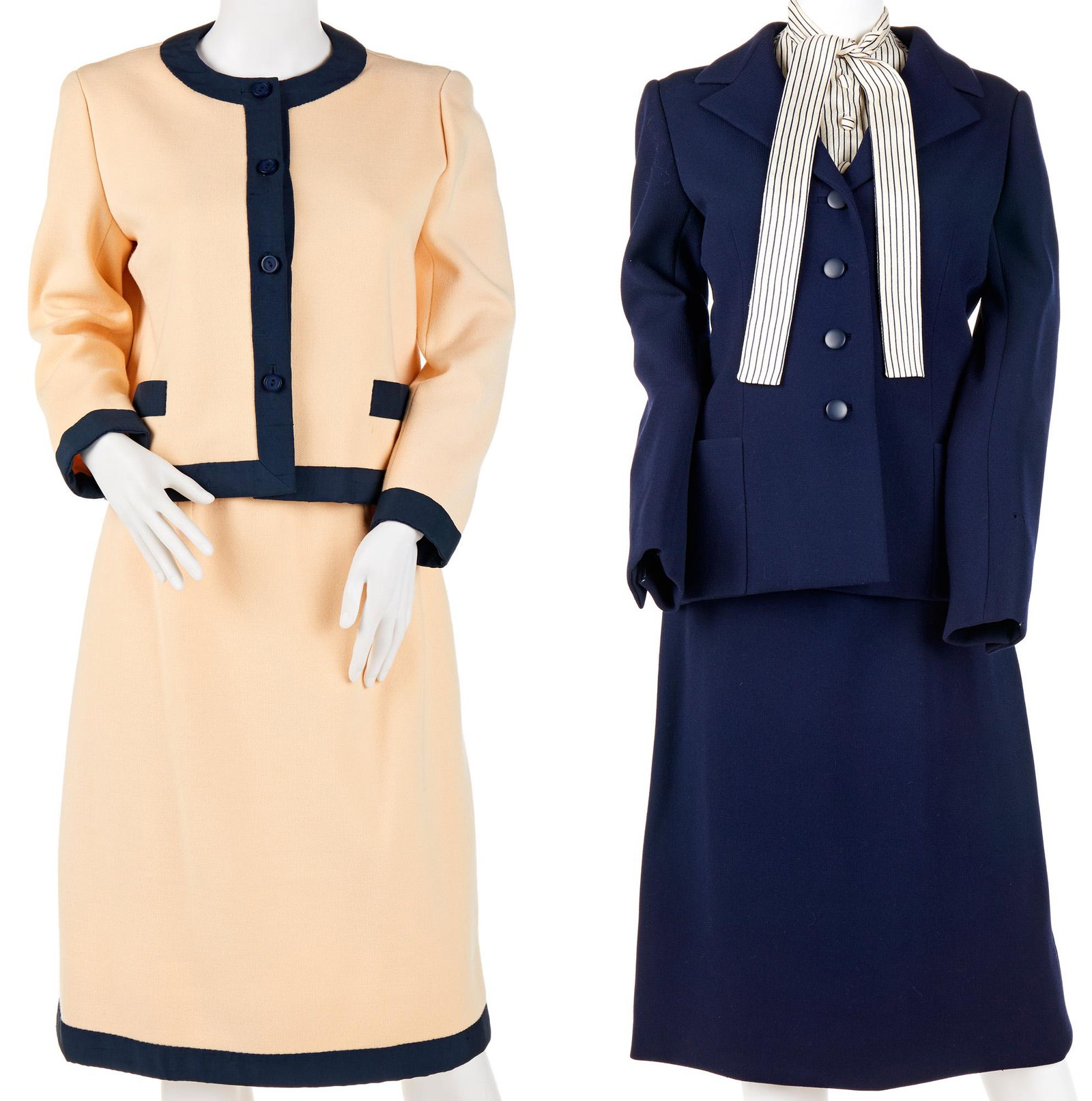 Two Norman Norell skirt suits: Circa 1960s Each with fabric label Comprising a white with navy trim skirt suit and a navy with striped blouse skirt suit, 5 pieces