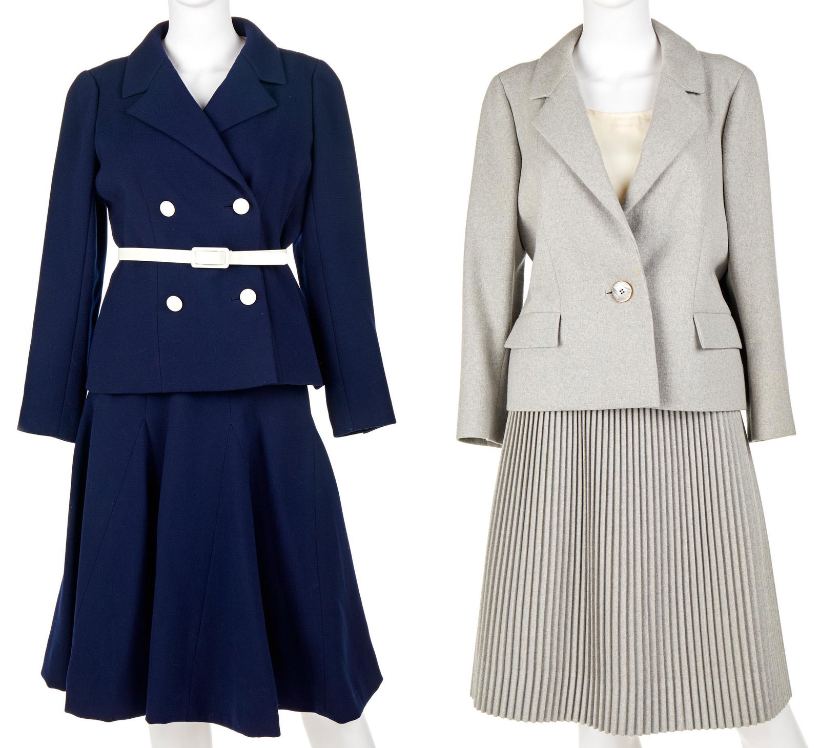 Two Norman Norell skirt suits: Circa 1960s Each with Norman Norell fabric label Comprising one navy and one gray suit with a pleated underdress, 3 pieces